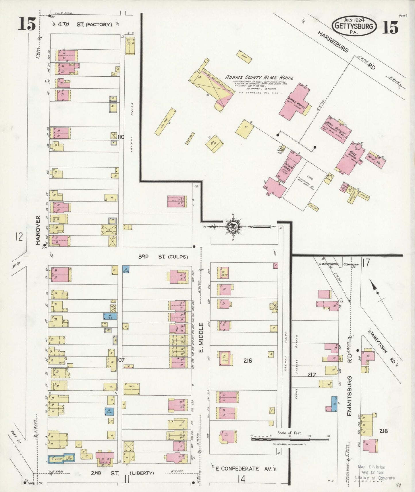 Sanborn Fire Insurance Map from Gettysburg, Adams County, Pennsylvania (1924), Sheet #0015 - Historic Sanborn Fire Insurance Map Print, vintage old map wall art, antique decor, genealogy gift, Pennsylvania Pennsylvania map