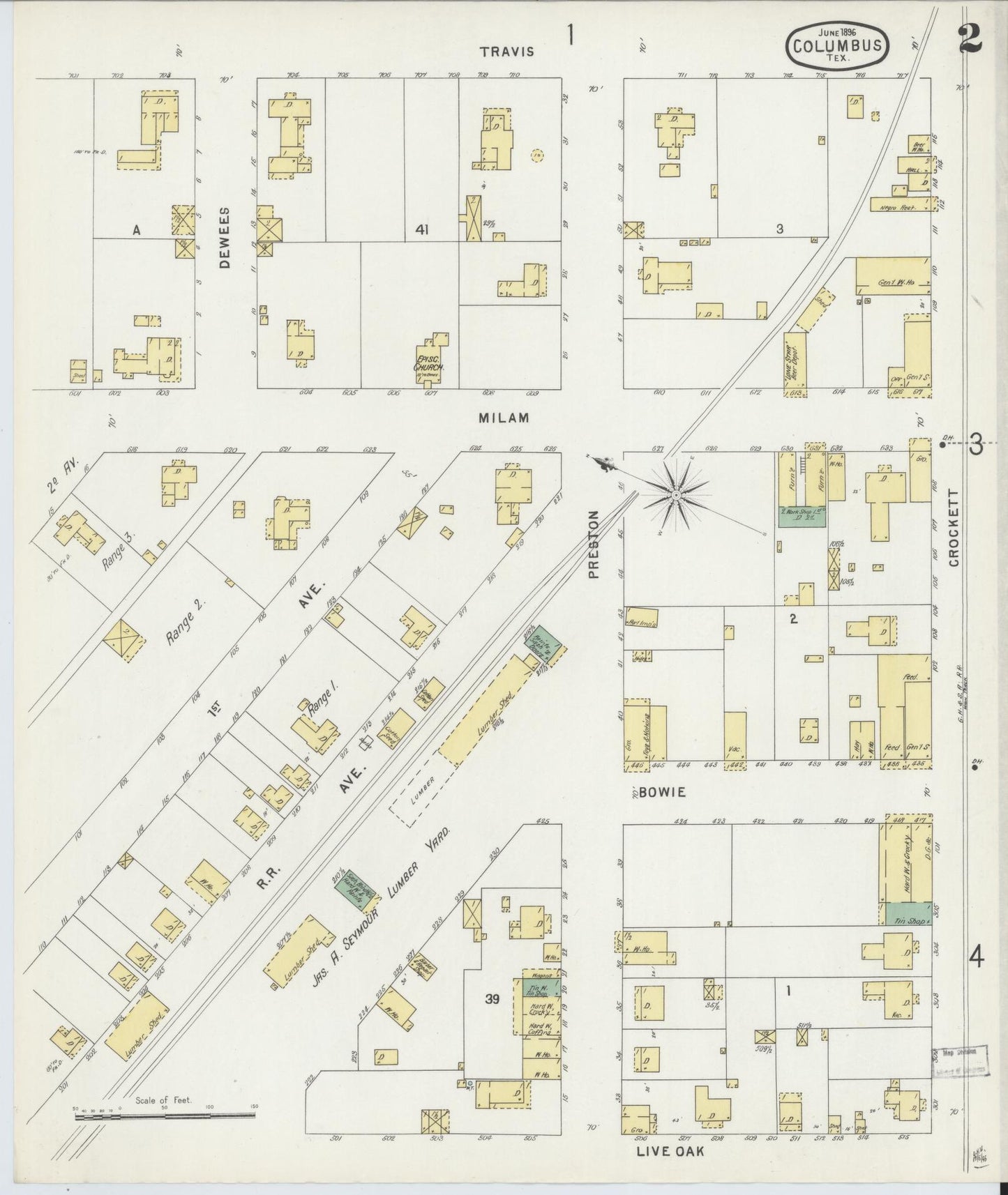 Sanborn Fire Insurance Map from Columbus, Colorado County, Texas (1896), Sheet #0002 - Historic Sanborn Fire Insurance Map Print, vintage old map wall art, antique decor, genealogy gift, Columbus Colorado map