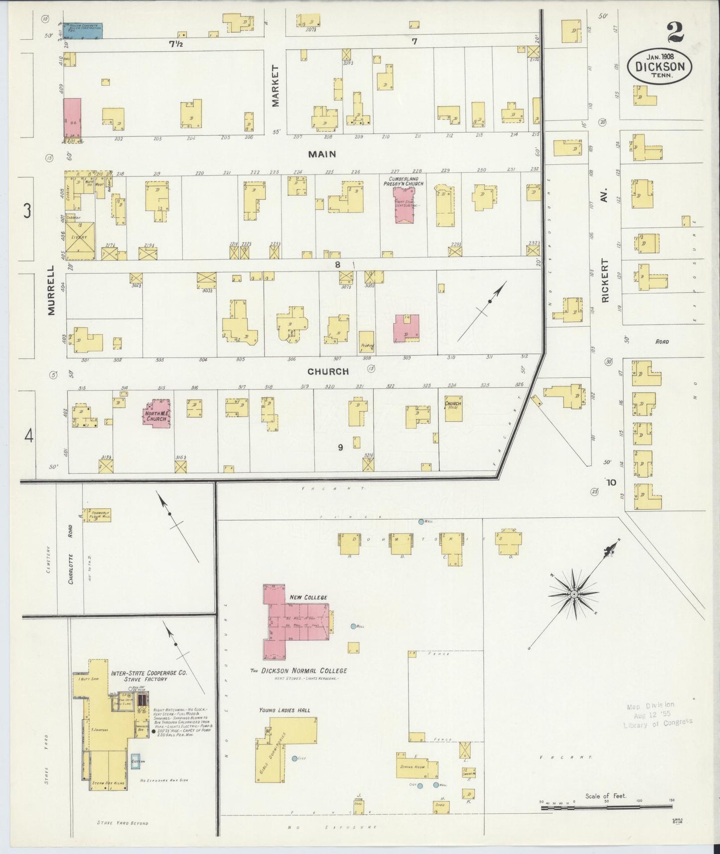 Sanborn Fire Insurance Map from Dickson, Dickson County, Tennessee (1908), Sheet #0002 - Historic Sanborn Fire Insurance Map Print, vintage old map wall art, antique decor, genealogy gift, Tennessee Tennessee map