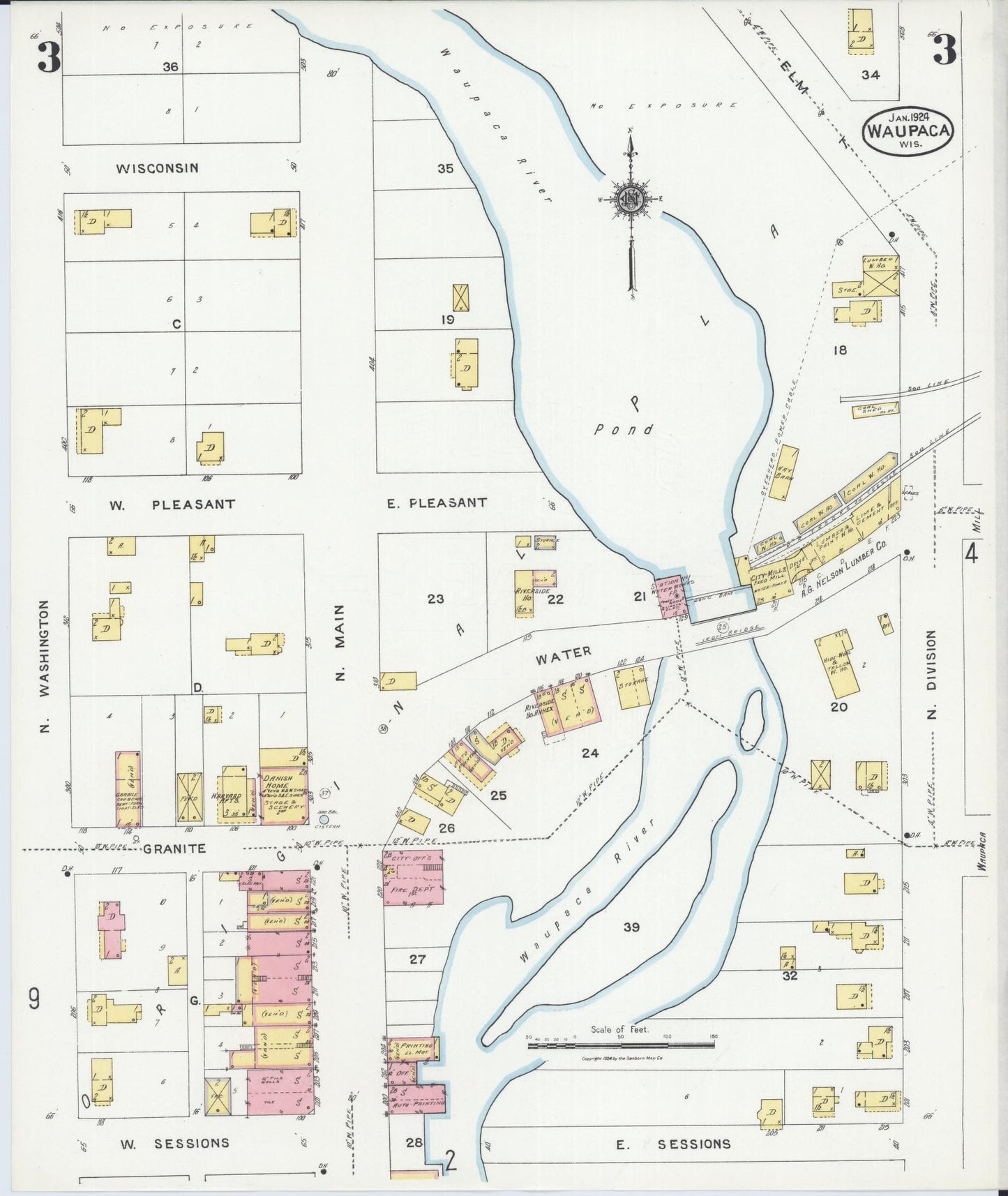 Sanborn Fire Insurance Map from Waupaca, Waupaca County, Wisconsin (1924), Sheet #0003 - Historic Sanborn Fire Insurance Map Print, vintage old map wall art, antique decor, genealogy gift, Wisconsin Wisconsin map