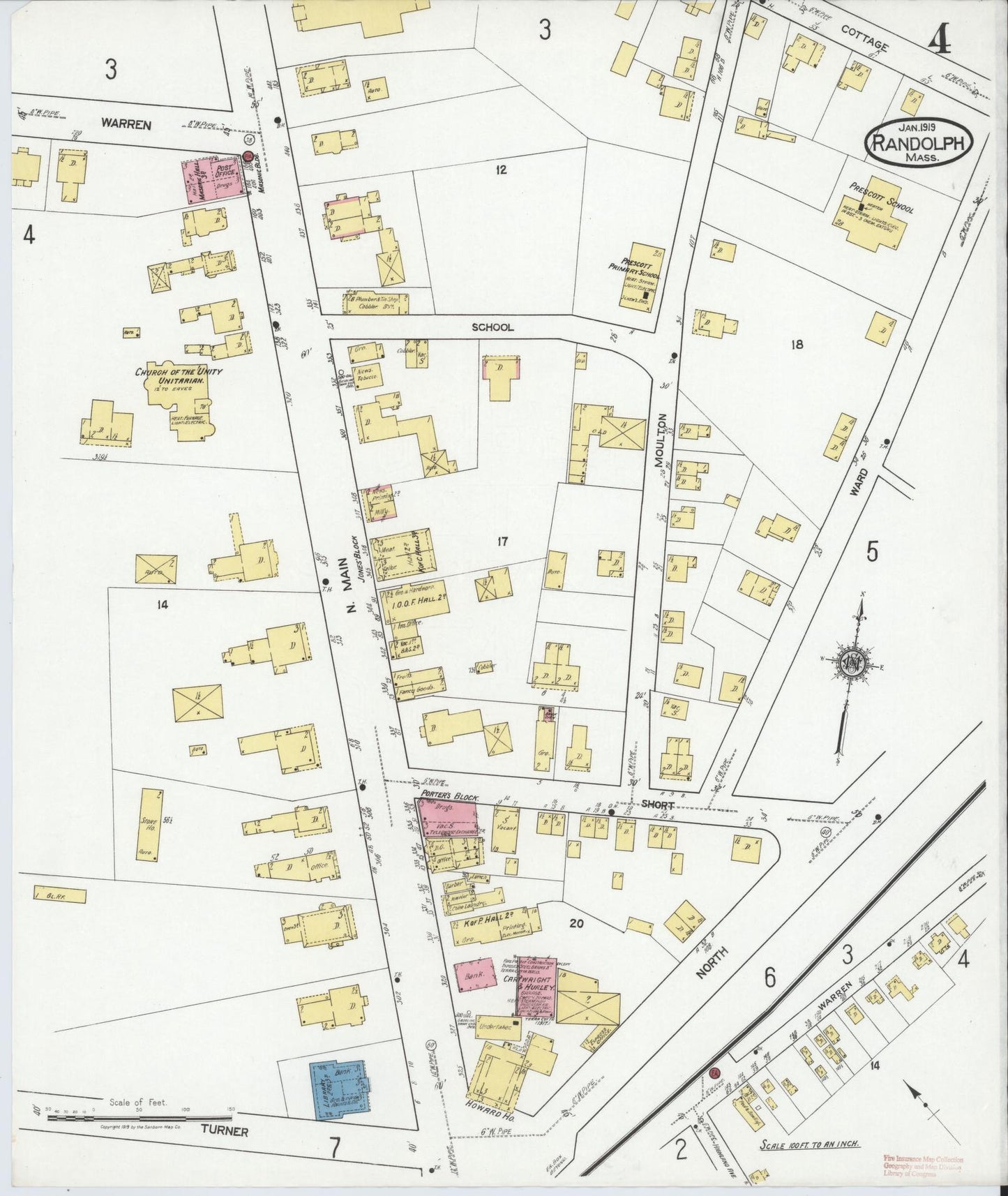 Sanborn Fire Insurance Map from Randolph, Norfolk County, Massachusetts (1919), Sheet #0004 - Historic Sanborn Fire Insurance Map Print, vintage old map wall art, antique decor, genealogy gift, Massachusetts Massachusetts map
