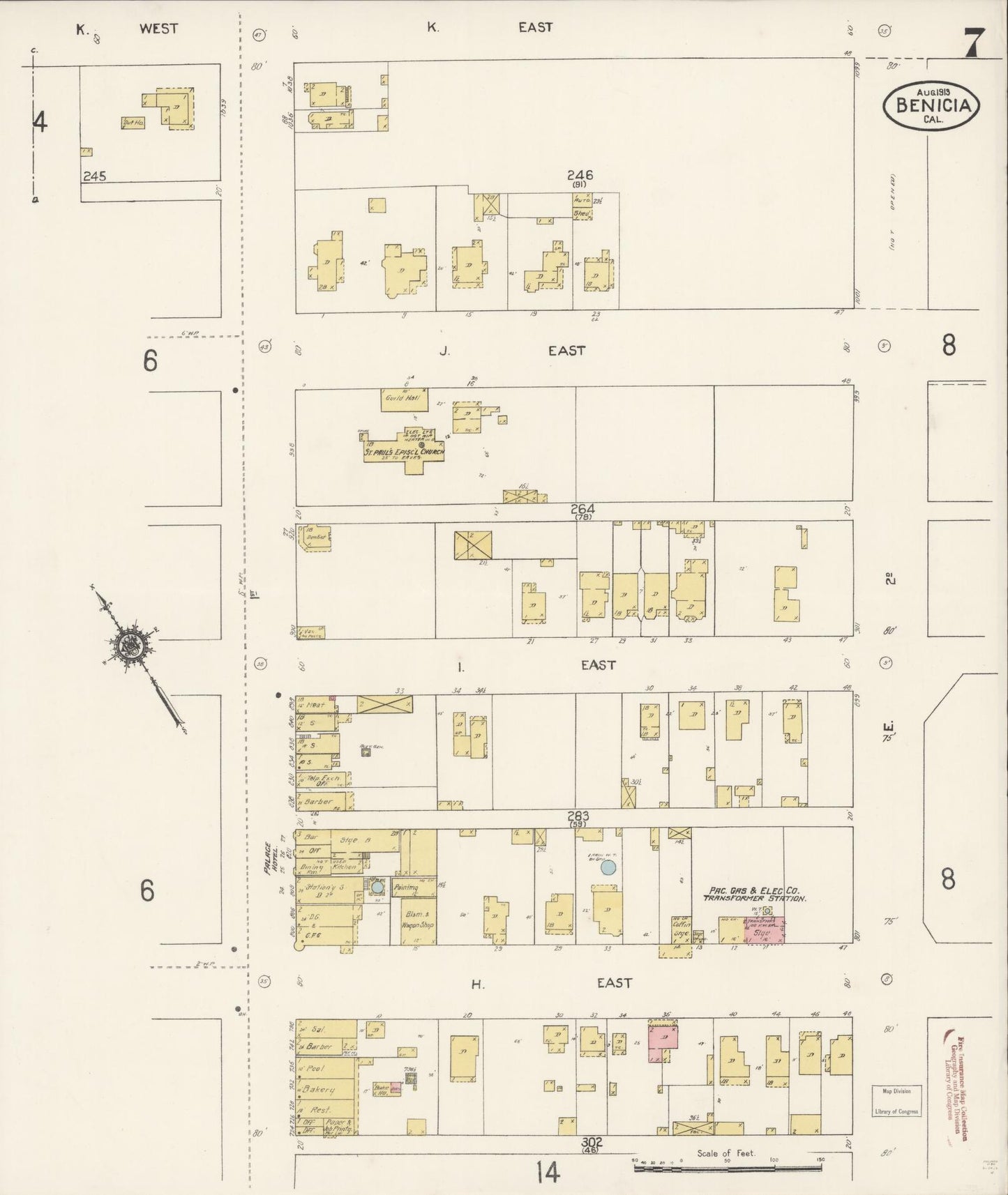 Sanborn Fire Insurance Map from Benicia, Solano County, California (1913), Sheet #0007 - Historic Sanborn Fire Insurance Map Print, vintage old map wall art, antique decor, genealogy gift, California California map