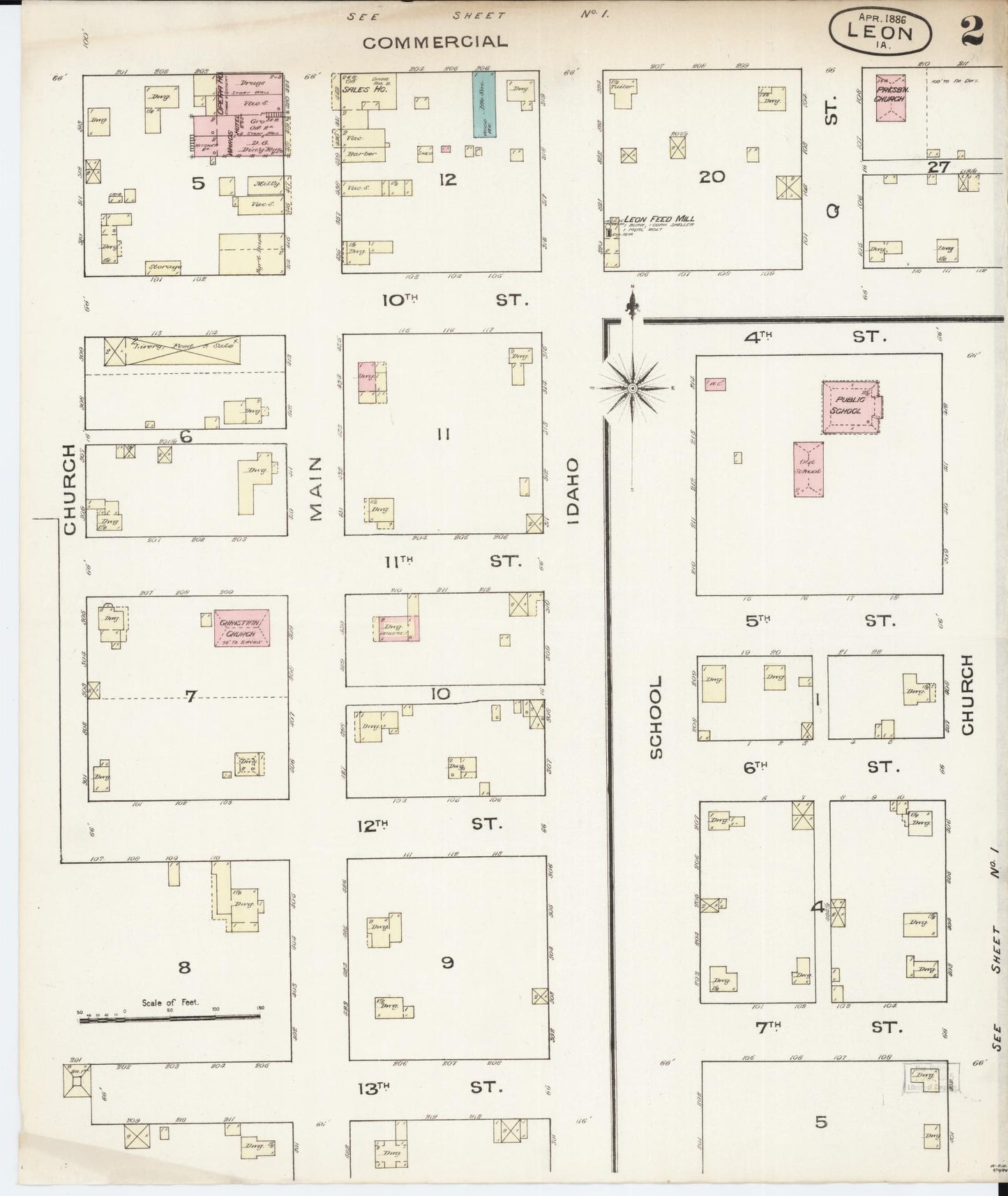 Sanborn Fire Insurance Map from Leon, Decatur County, Iowa (1886), Sheet #0002 - Historic Sanborn Fire Insurance Map Print, vintage old map wall art