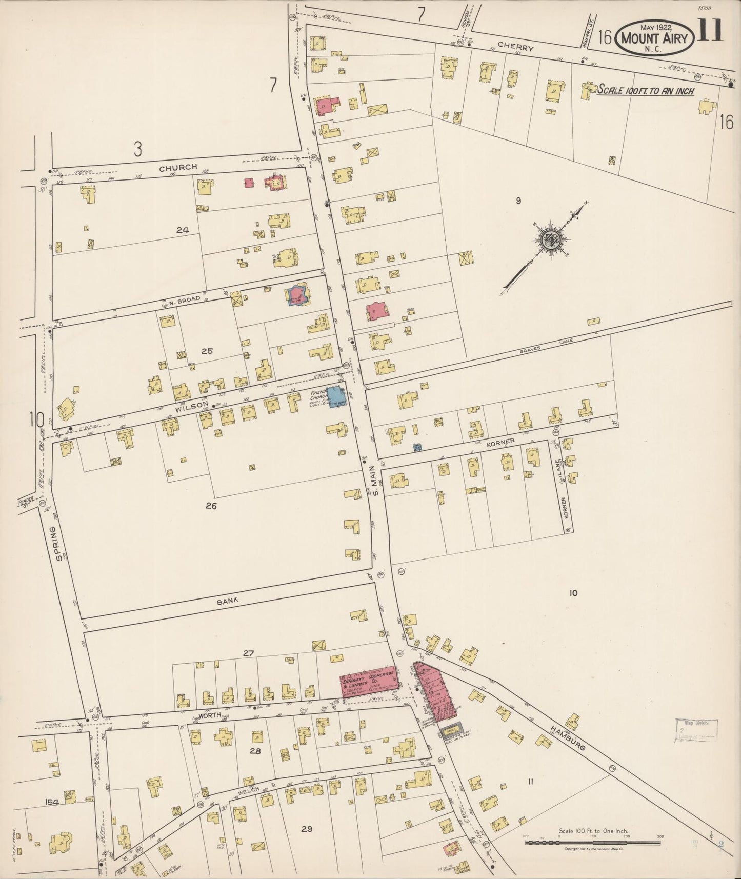 Sanborn Fire Insurance Map from Mount Airy, Surry County, North Carolina (1922), Sheet #0011 - Historic Sanborn Fire Insurance Map Print, vintage old map wall art, antique decor, genealogy gift, North Carolina North Carolina map