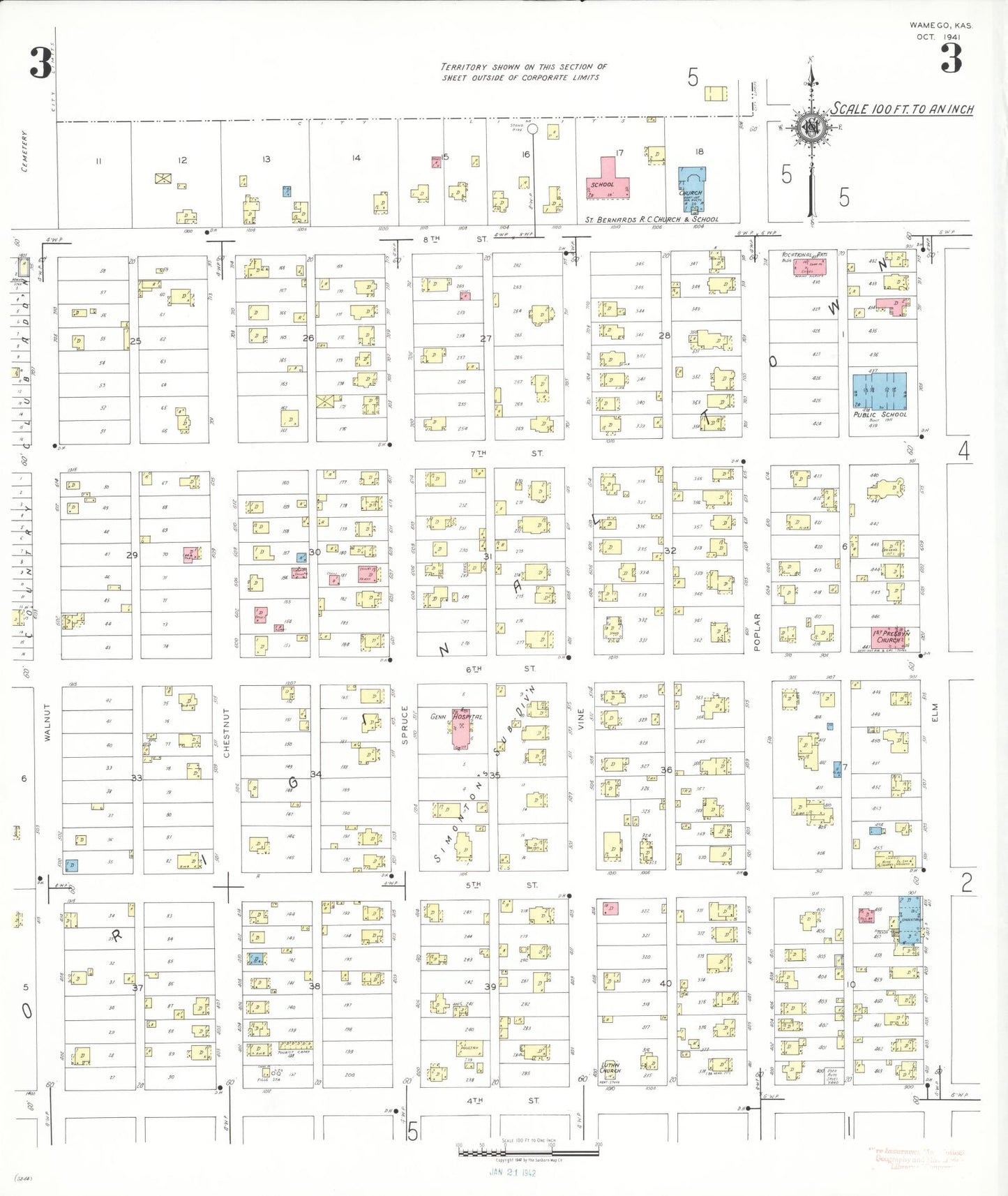 Sanborn Fire Insurance Map from Wamego, Pottawatomie County, Kansas (1941), Sheet #0003 - Historic Sanborn Fire Insurance Map Print, vintage old map wall art, antique decor, genealogy gift, Kansas Kansas map