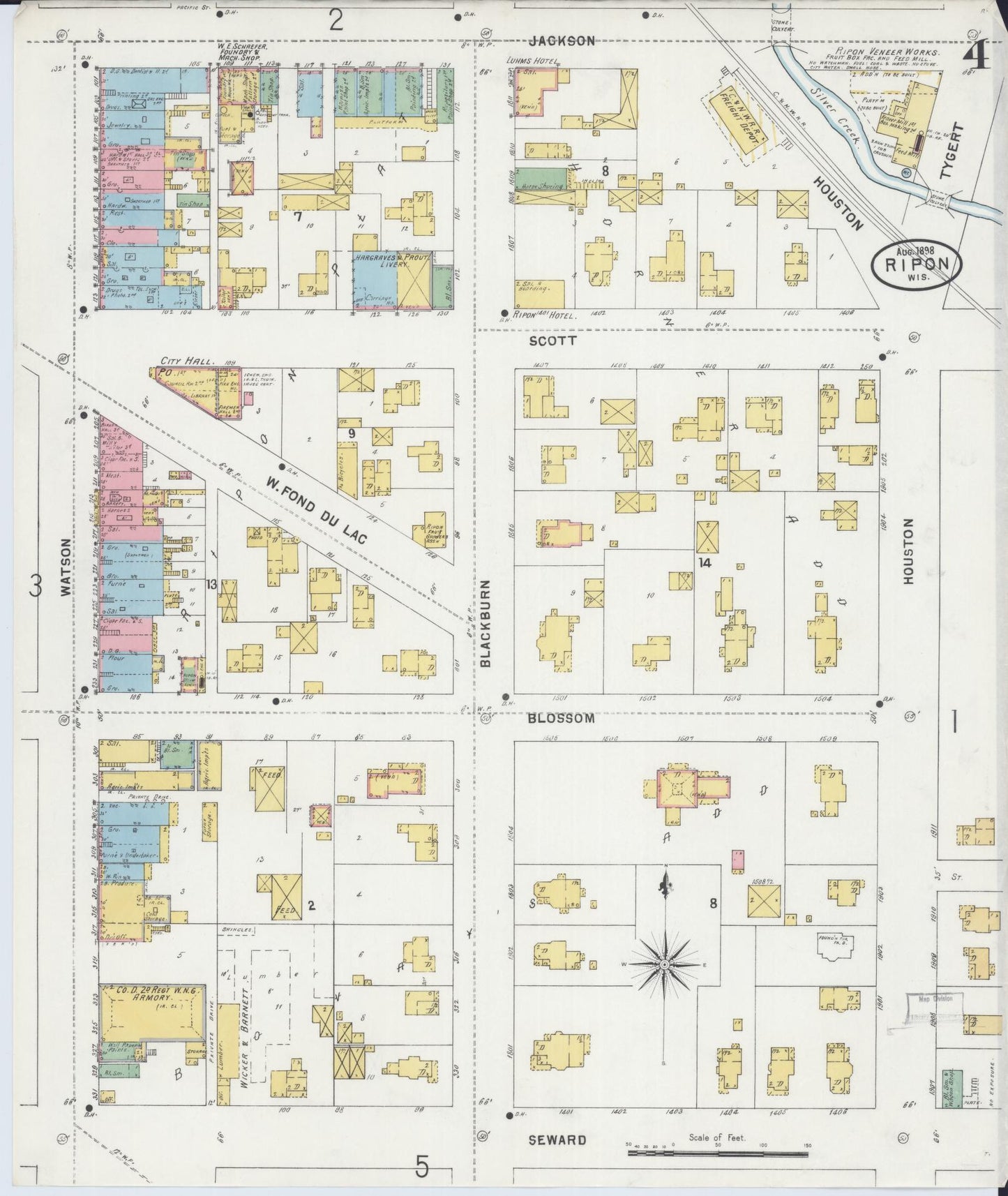 Sanborn Fire Insurance Map from Ripon, Fond du Lac County, Wisconsin (1898), Sheet #0004 - Historic Sanborn Fire Insurance Map Print, vintage old map wall art, antique decor, genealogy gift, Wisconsin Wisconsin map
