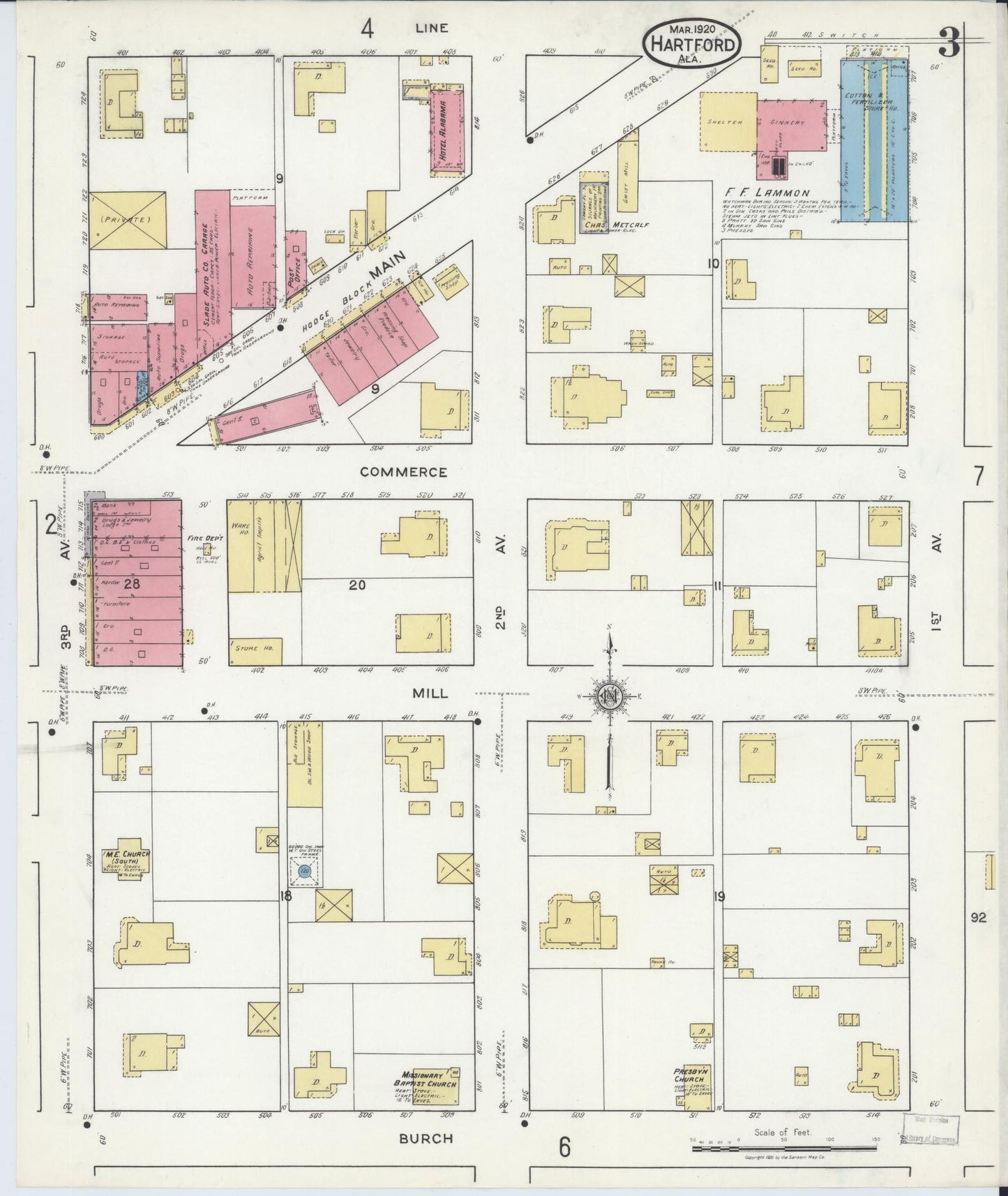 Sanborn Fire Insurance Map from Hartford, Geneva County, Alabama (1920), Sheet #0003 - Historic Sanborn Fire Insurance Map Print, vintage old map wall art, antique decor, genealogy gift, Alabama Alabama map