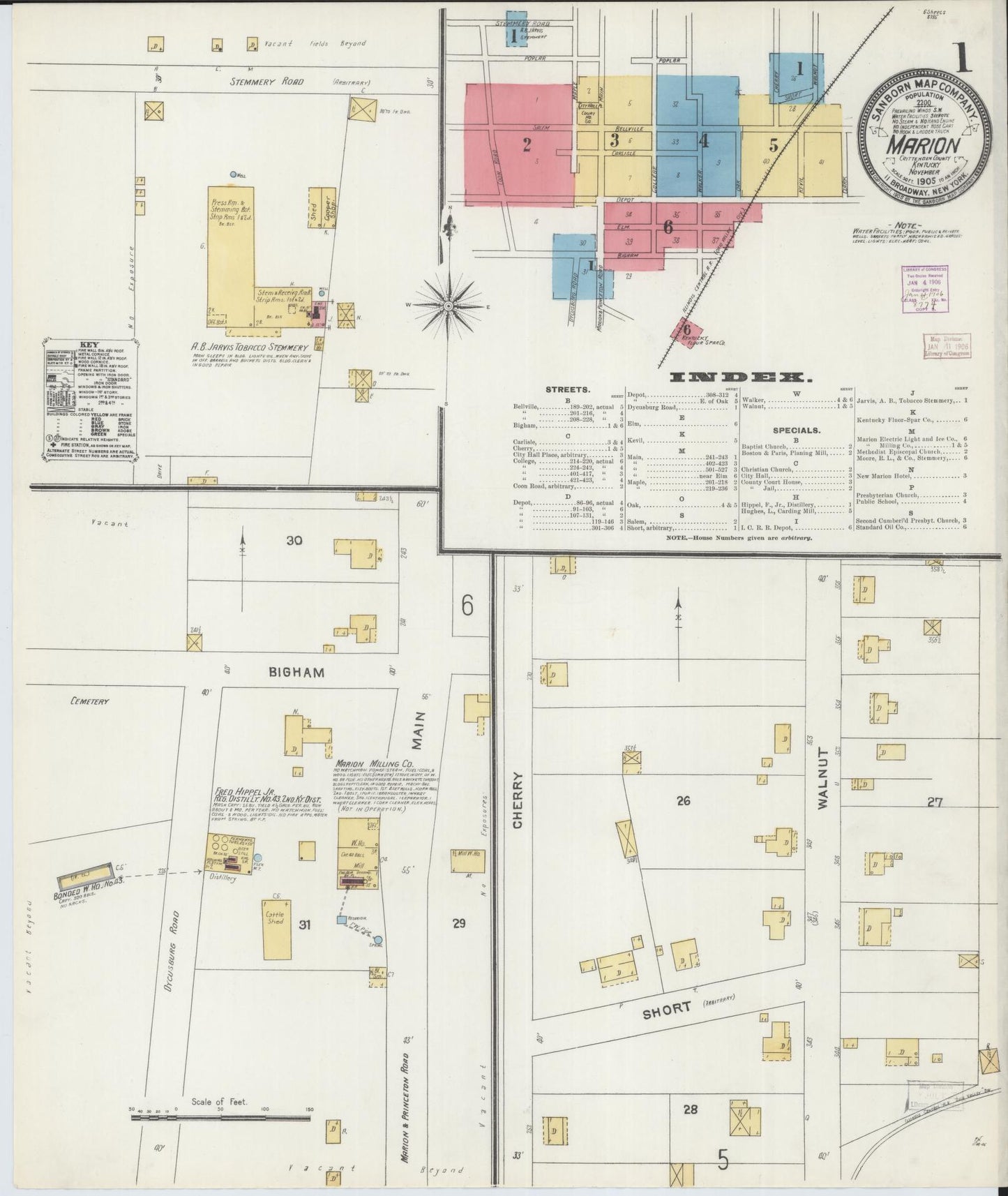 Sanborn Fire Insurance Map from Marion, Crittenden County, Kentucky (1905), Sheet #0001 - Historic Sanborn Fire Insurance Map Print, vintage old map wall art, antique decor, genealogy gift, Kentucky Kentucky map