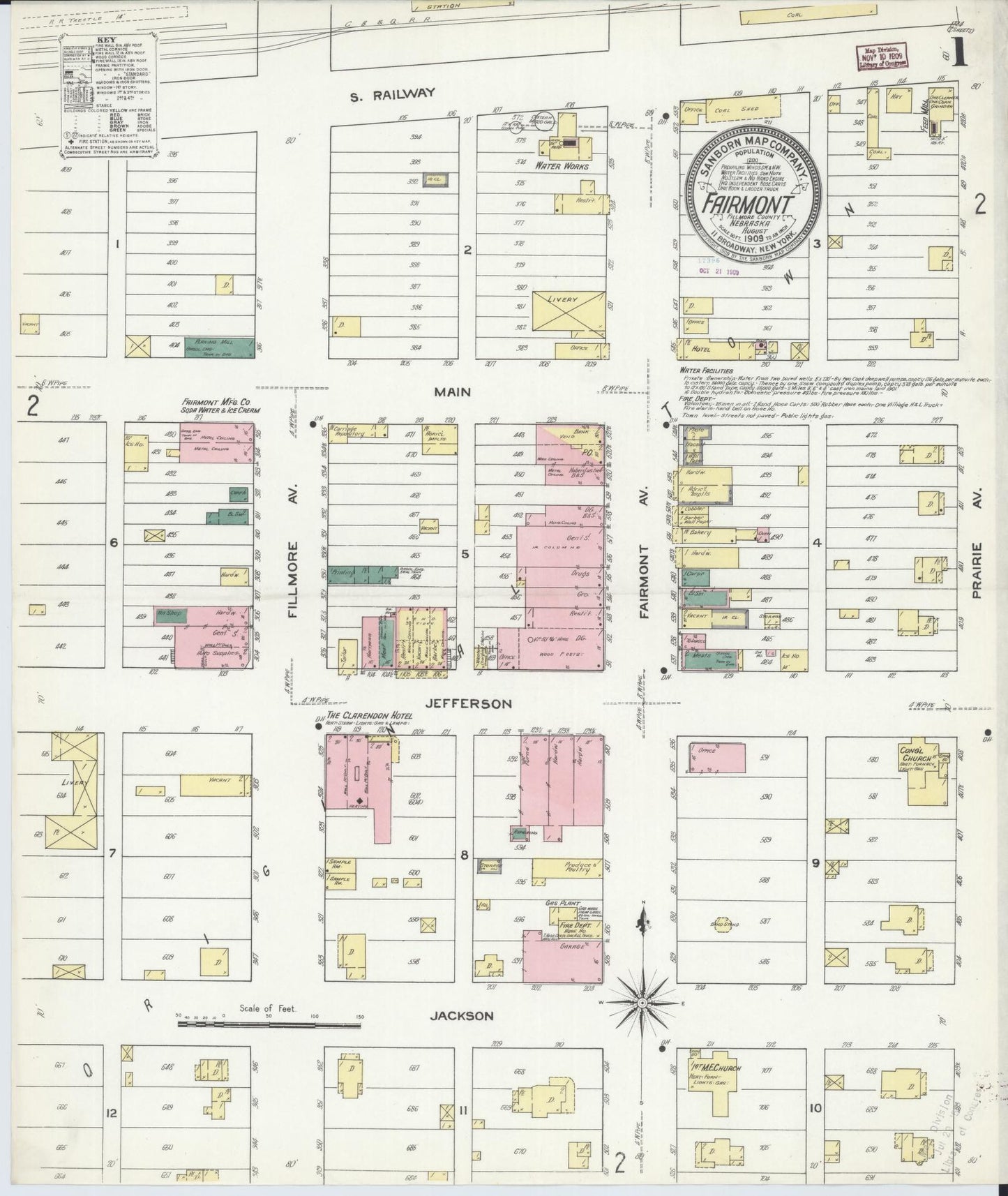 Sanborn Fire Insurance Map from Fairmont, Fillmore County, Nebraska (1909), Sheet #0001 - Historic Sanborn Fire Insurance Map Print, vintage old map wall art, antique decor, genealogy gift, Nebraska Nebraska map