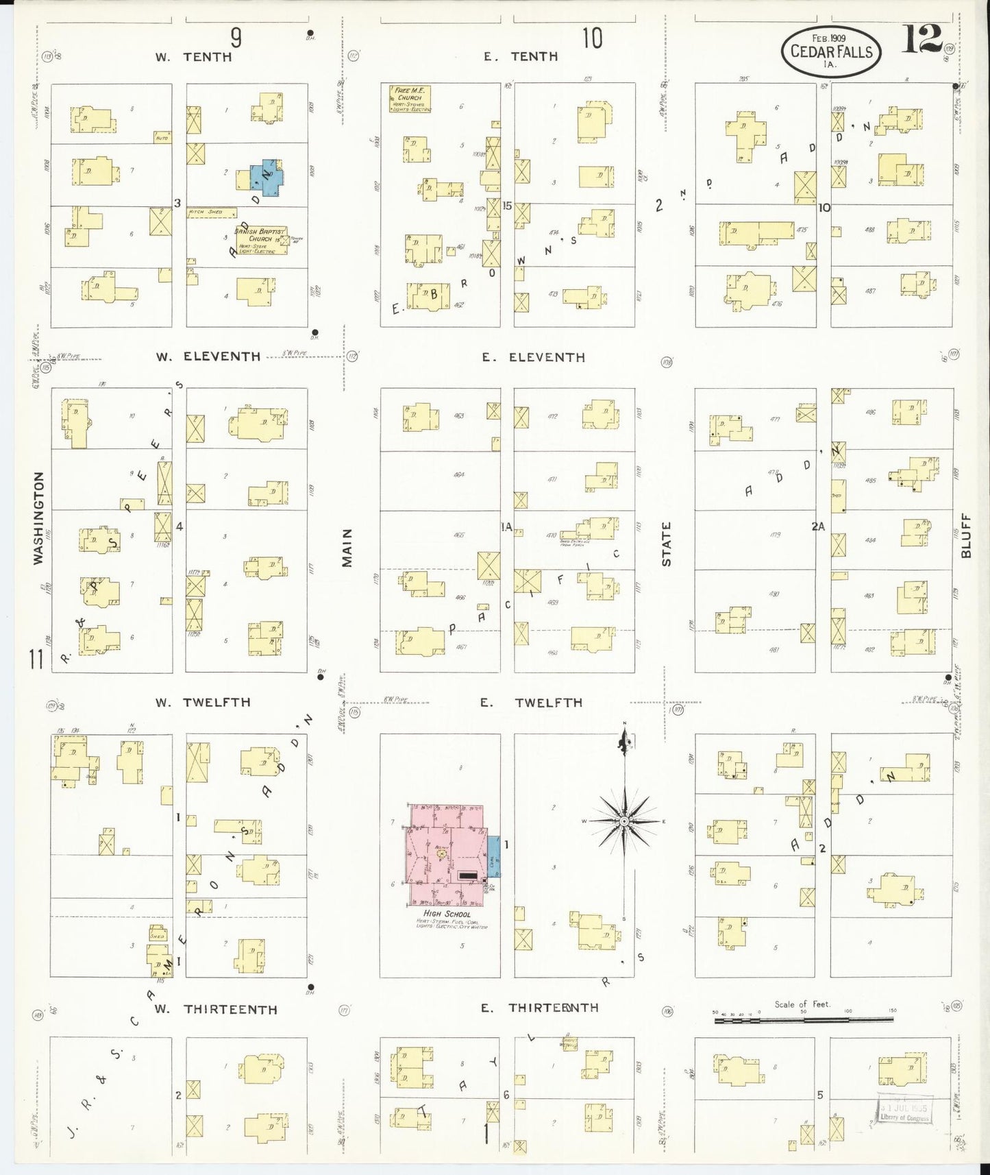 Sanborn Fire Insurance Map from Cedar Falls, Black Hawk County, Iowa (1909), Sheet #0012 - Historic Sanborn Fire Insurance Map Print, vintage old map wall art