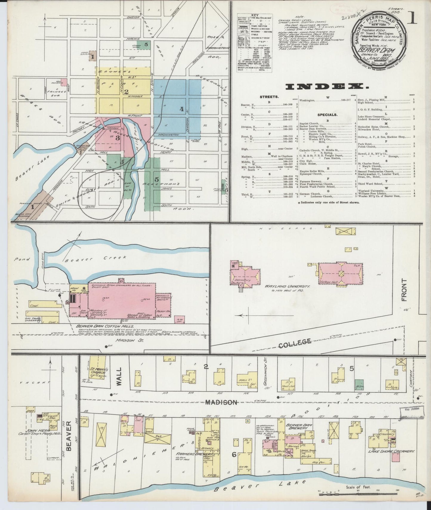 Sanborn Fire Insurance Map from Beaver Dam, Dodge County, Wisconsin (1892), Sheet #0001 - Historic Sanborn Fire Insurance Map Print, vintage old map wall art, antique decor, genealogy gift, Wisconsin Wisconsin map