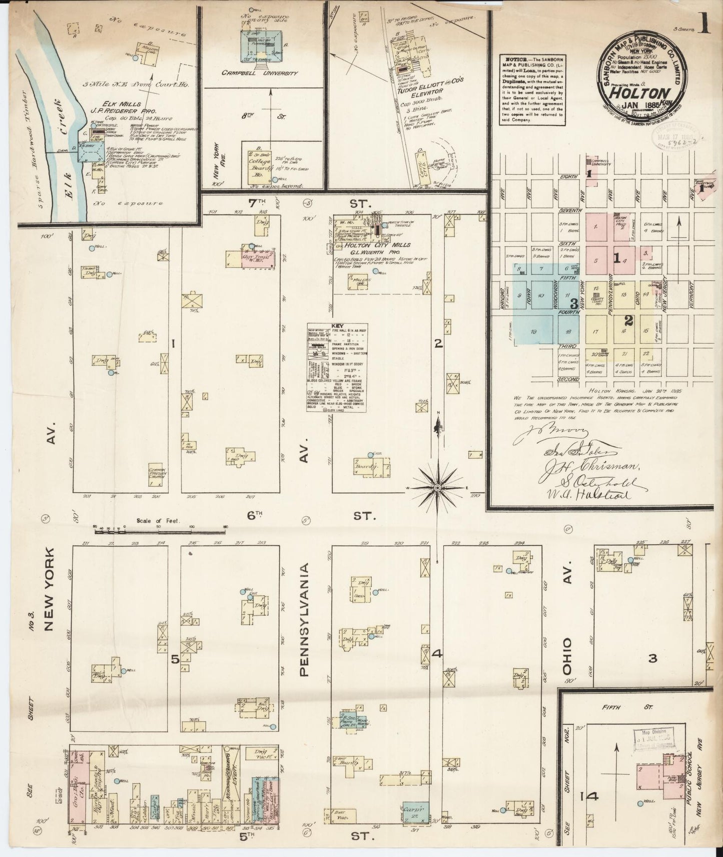Sanborn Fire Insurance Map from Holton, Jackson County, Kansas (1885), Sheet #0001 - Historic Sanborn Fire Insurance Map Print, vintage old map wall art, antique decor, genealogy gift, Kansas Kansas map
