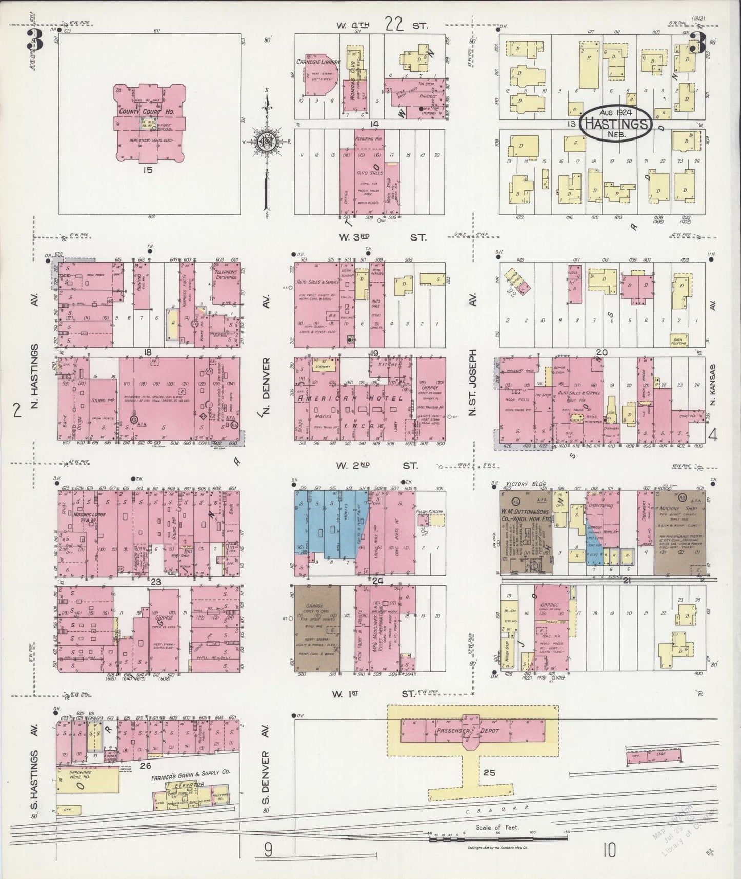 Sanborn Fire Insurance Map from Hastings, Adams County, Nebraska (1924), Sheet #0003 - Historic Sanborn Fire Insurance Map Print, vintage old map wall art, antique decor, genealogy gift, Nebraska Nebraska map