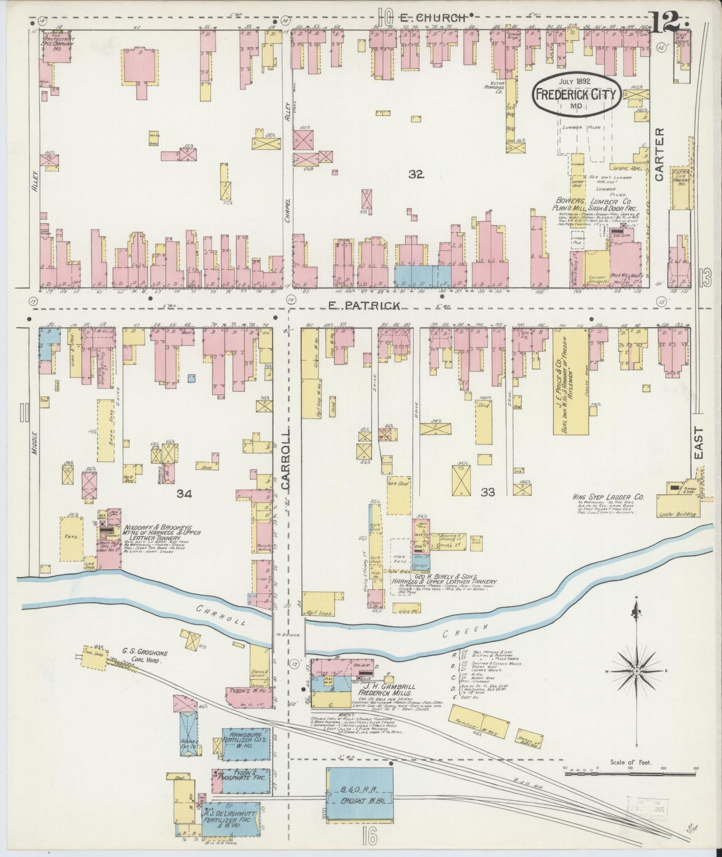 Frederick, Maryland - 1892 - Sanborn Fire Insurance Map, Sheet #0012 - Historic Sanborn Fire Insurance Map Print, Frederick Maryland 1892 0012 vintage old map wall art