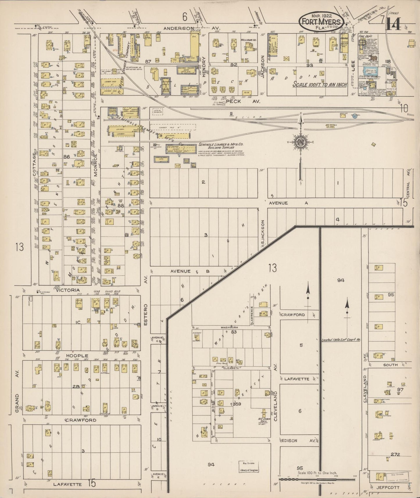 Sanborn Fire Insurance Map from Fort Myers, Lee County, Florida (1922), Sheet #0014 - Historic Sanborn Fire Insurance Map Print, vintage old map wall art, antique decor, genealogy gift, Florida Florida map