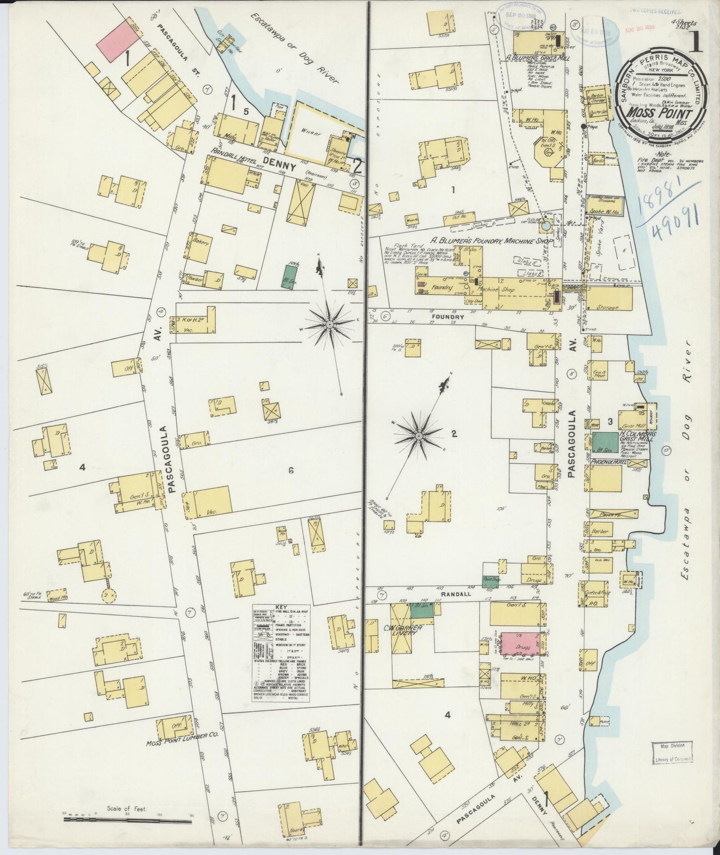 Sanborn Fire Insurance Map from Moss Point, Jackson County, Mississippi (1898), Sheet #0001 - Historic Sanborn Fire Insurance Map Print, vintage old map wall art, antique decor, genealogy gift, Mississippi Mississippi map