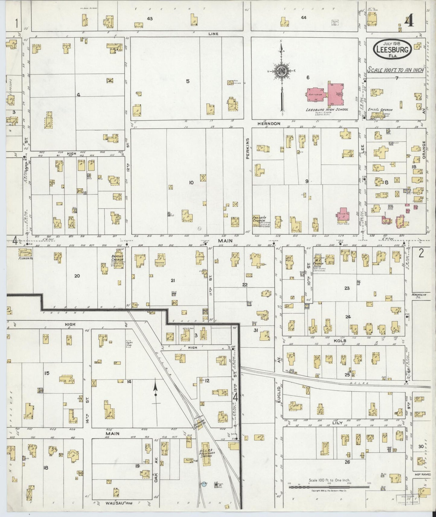 Sanborn Fire Insurance Map from Leesburg, Lake County, Florida (1918), Sheet #0004 - Historic Sanborn Fire Insurance Map Print, vintage old map wall art, antique decor, genealogy gift, Florida Florida map