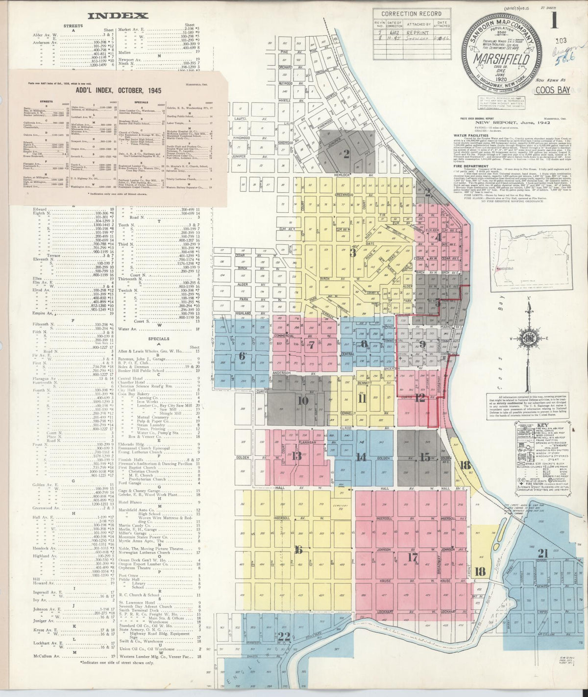 Sanborn Fire Insurance Map from Marshfield, Coos County, Oregon (1945), Sheet #0001 - Historic Sanborn Fire Insurance Map Print, vintage old map wall art, antique decor, genealogy gift, Oregon Oregon map