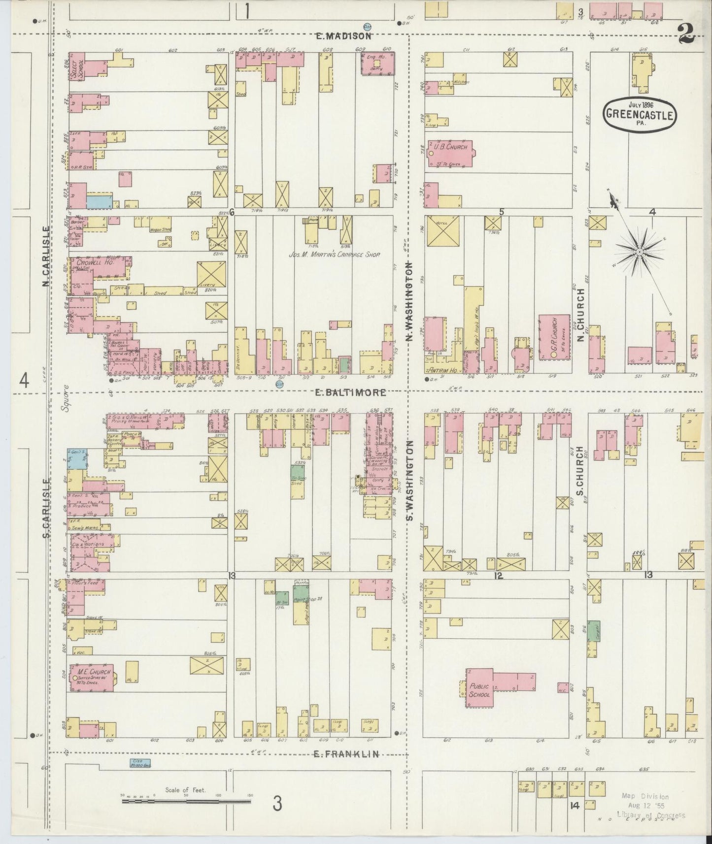 Sanborn Fire Insurance Map from Greencastle, Franklin County, Pennsylvania (1896), Sheet #0002 - Historic Sanborn Fire Insurance Map Print, vintage old map wall art, antique decor, genealogy gift, Pennsylvania Pennsylvania map