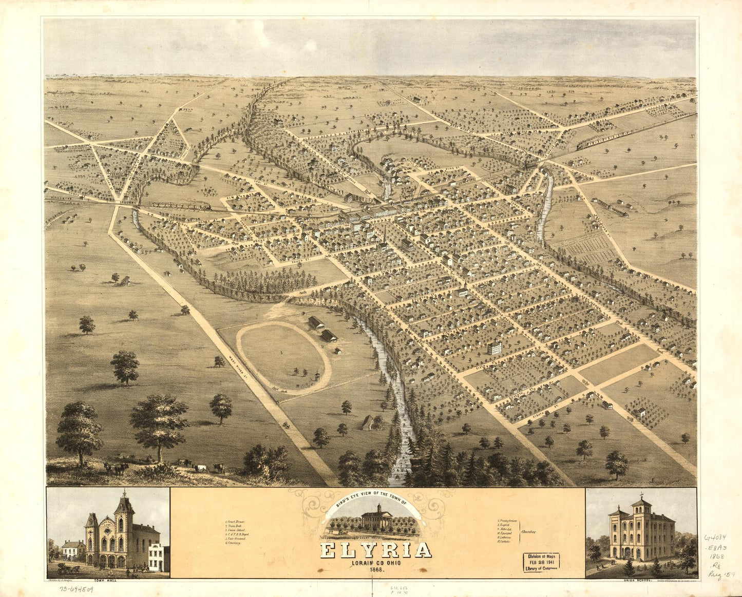 Bird's eye view of the town of Elyria, Lorain Co., Ohio 1868. (1868) – Historic Bird’s-Eye View Panorama Print