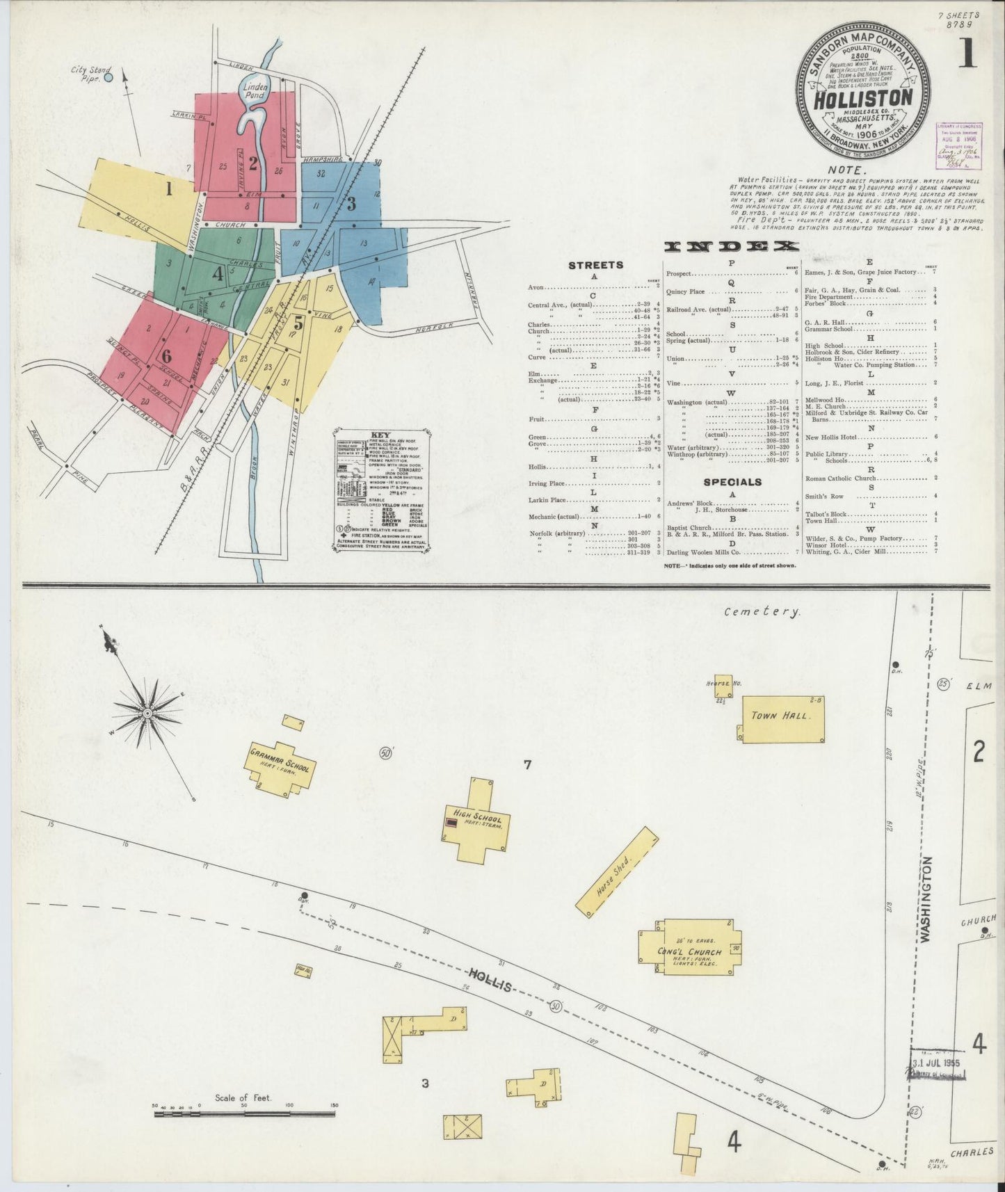 Sanborn Fire Insurance Map from Holliston, Middlesex County, Massachusetts (1906), Sheet #0001 - Historic Sanborn Fire Insurance Map Print, vintage old map wall art, antique decor, genealogy gift, Massachusetts Massachusetts map