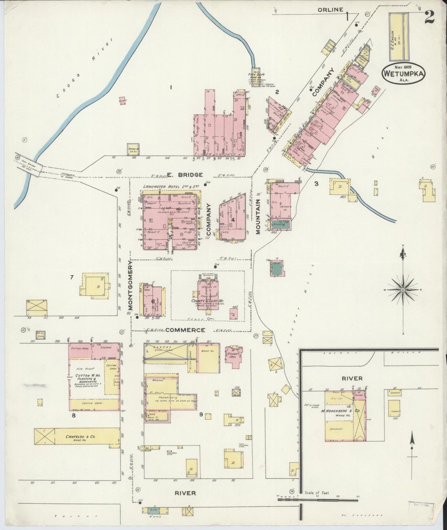 Sanborn Fire Insurance Map from Wetumpka, Elmore County, Alabama (1909), Sheet #0002 - Historic Sanborn Fire Insurance Map Print, vintage old map wall art, antique decor, genealogy gift, Alabama Alabama map