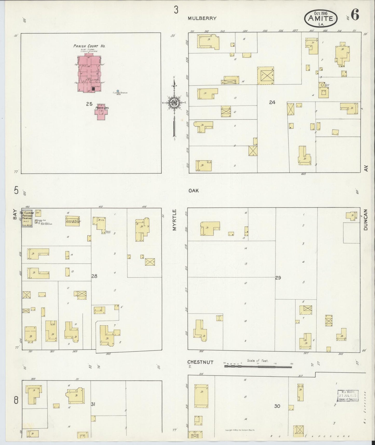 Sanborn Fire Insurance Map from Amite, Tangipahoa Parish, Louisiana (1916), Sheet #0006 - Historic Sanborn Fire Insurance Map Print, vintage old map wall art, antique decor, genealogy gift, Louisiana Louisiana map