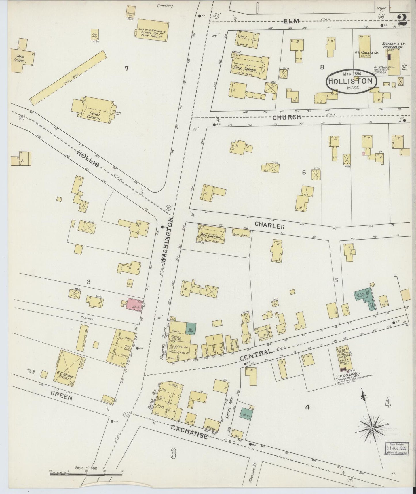 Sanborn Fire Insurance Map from Holliston, Middlesex County, Massachusetts (1894), Sheet #0002 - Historic Sanborn Fire Insurance Map Print, vintage old map wall art, antique decor, genealogy gift, Massachusetts Massachusetts map