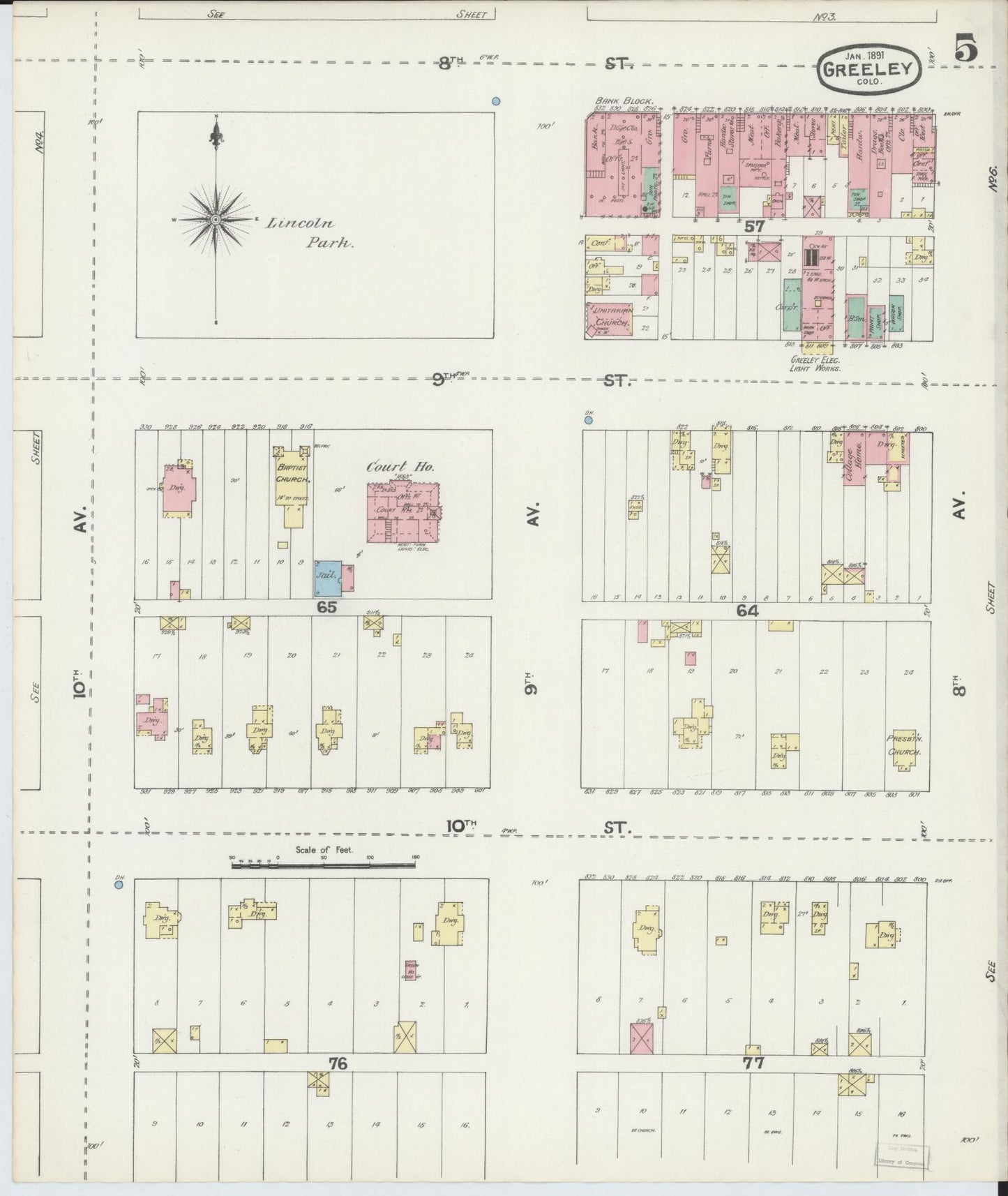 Sanborn Fire Insurance Map from Greeley, Weld County, Colorado (1891), Sheet #0005 - Historic Sanborn Fire Insurance Map Print, vintage old map wall art, antique decor, genealogy gift, Colorado Colorado map
