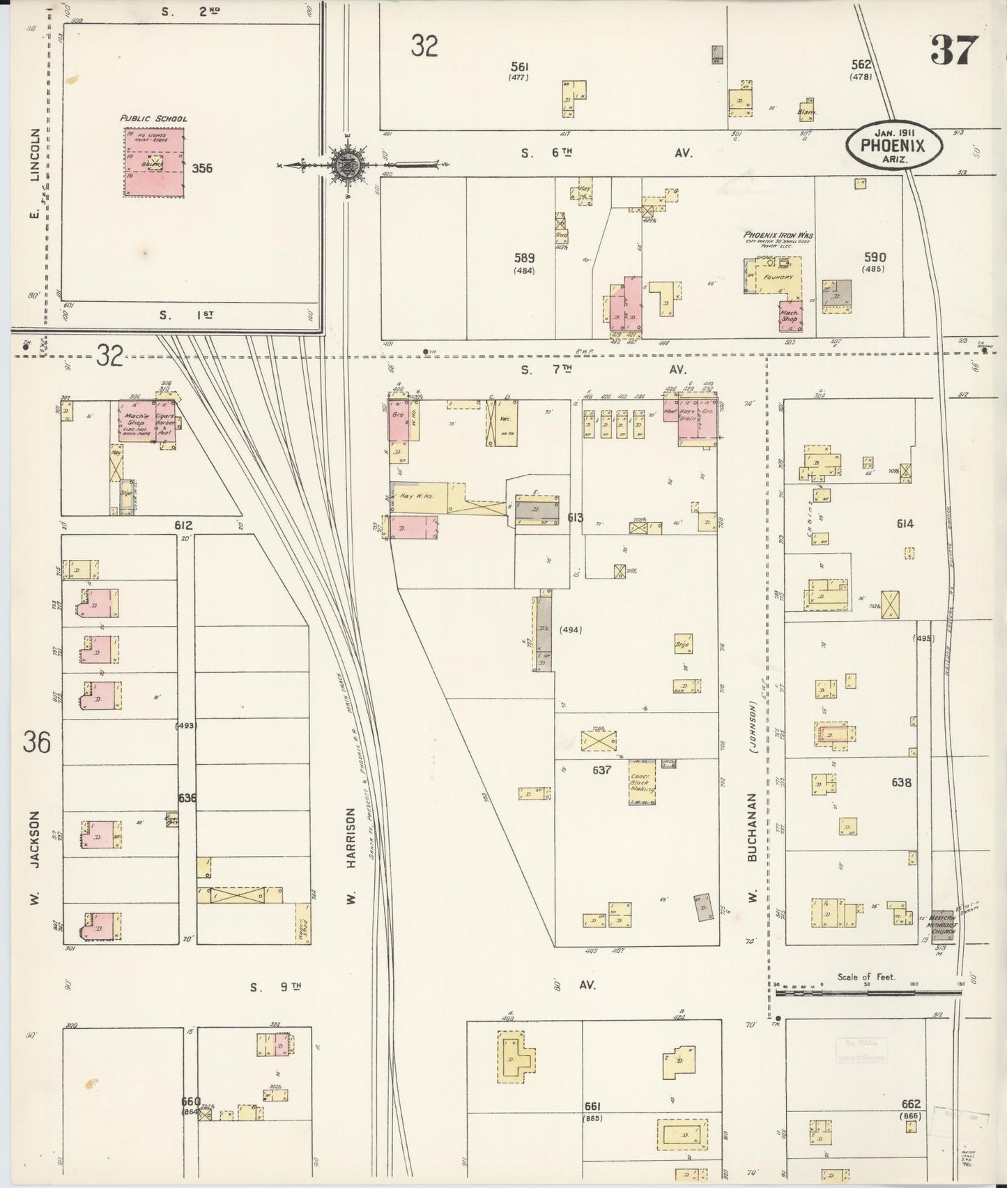 Sanborn Fire Insurance Map from Phoenix, Maricopa County, Arizona (1911), Sheet #0037 - Historic Sanborn Fire Insurance Map Print, vintage old map wall art, antique decor, genealogy gift, Arizona Arizona map