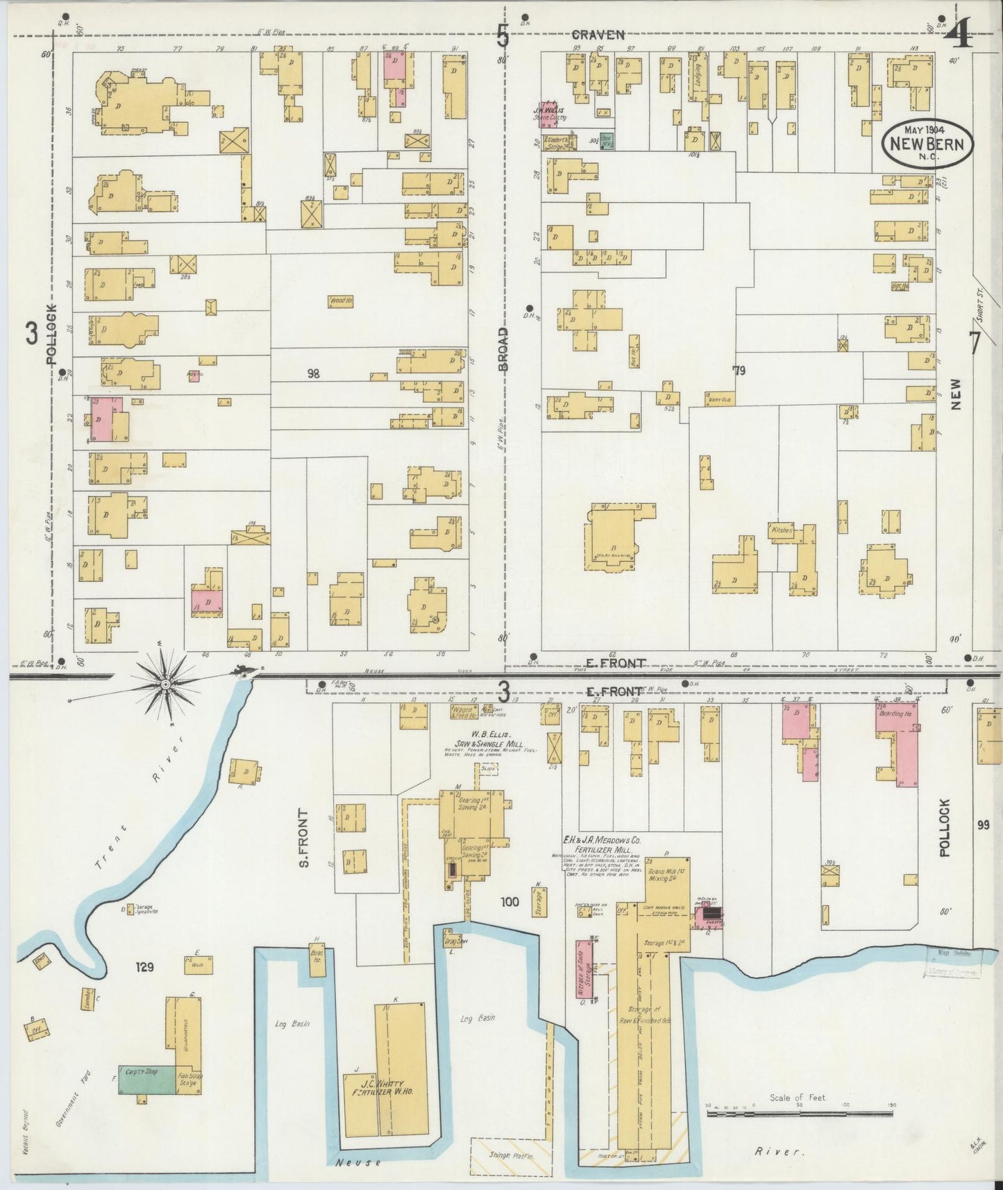 Sanborn Fire Insurance Map from New Bern, Craven County, North Carolina (1904), Sheet #0004 - Historic Sanborn Fire Insurance Map Print, vintage old map wall art, antique decor, genealogy gift, North Carolina North Carolina map