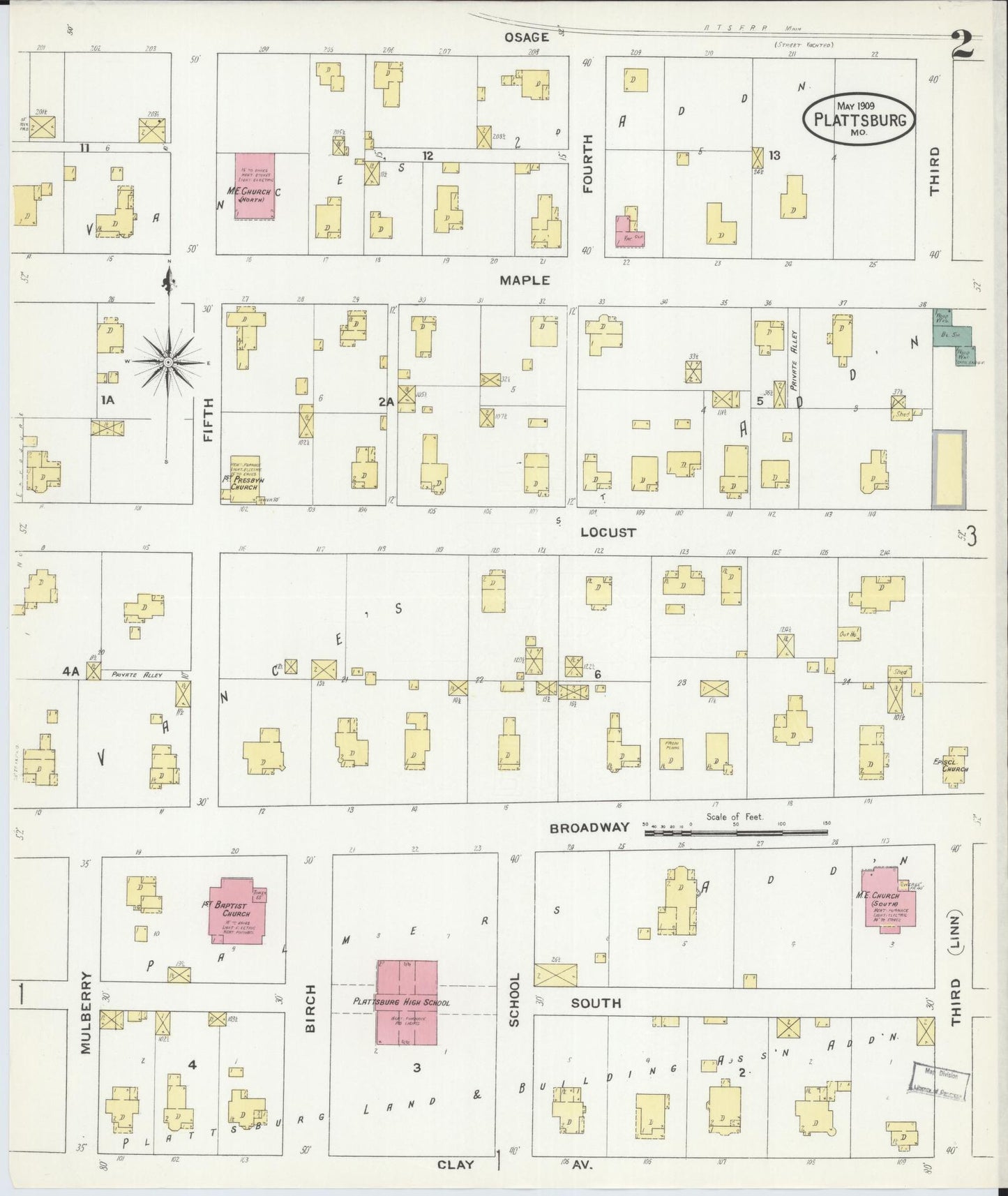 Sanborn Fire Insurance Map from Plattsburg, Clinton County, Missouri (1909), Sheet #0002 - Historic Sanborn Fire Insurance Map Print, vintage old map wall art, antique decor, genealogy gift, Missouri Missouri map