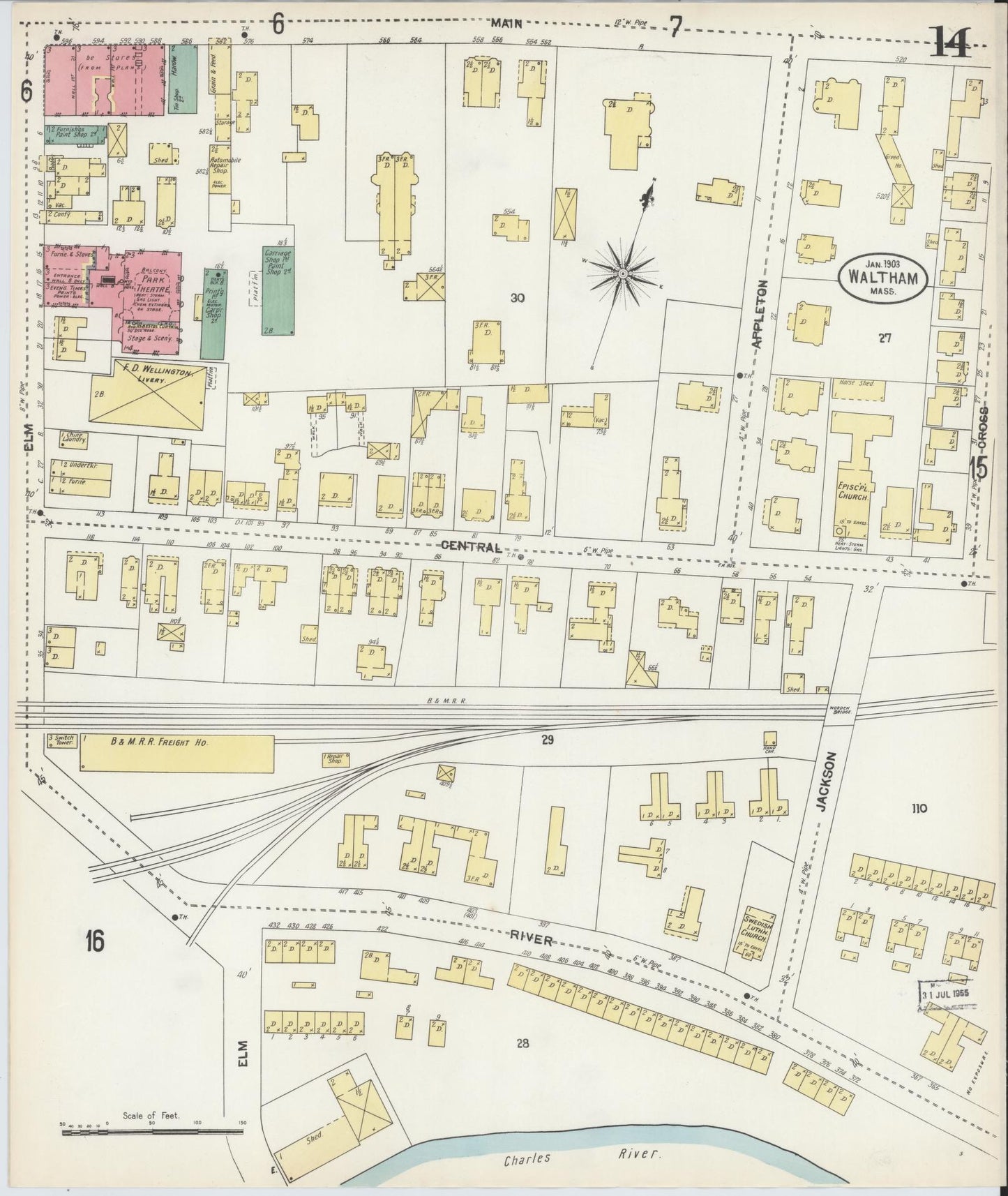 Sanborn Fire Insurance Map from Waltham, Middlesex County, Massachusetts (1903), Sheet #0014 - Historic Sanborn Fire Insurance Map Print, vintage old map wall art, antique decor, genealogy gift, Massachusetts Massachusetts map