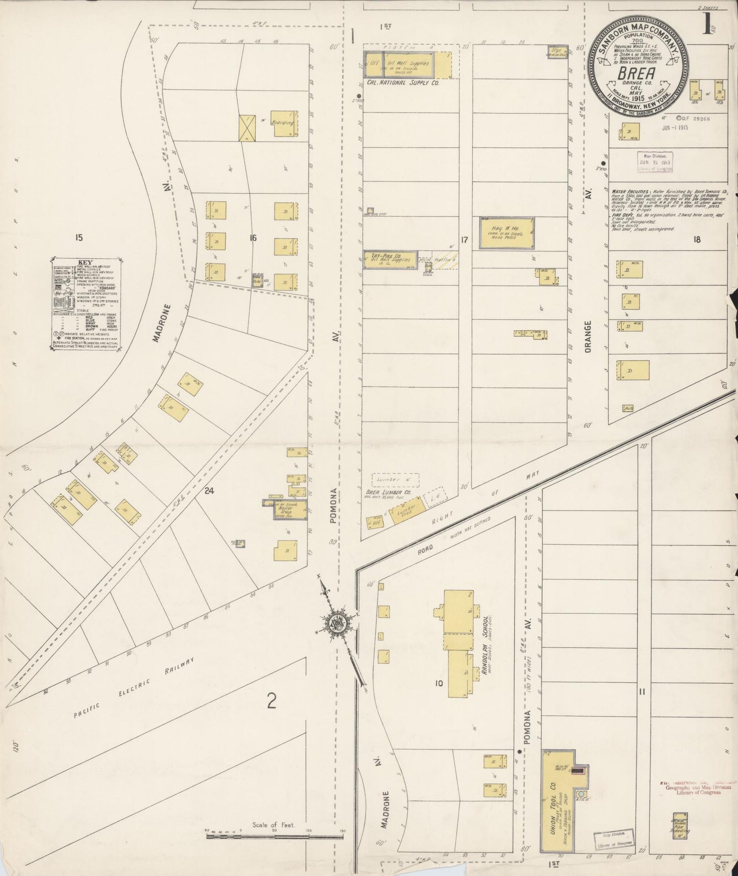 Sanborn Fire Insurance Map from Brea, Orange County, California (1915), Sheet #0001 - Historic Sanborn Fire Insurance Map Print, vintage old map wall art, antique decor, genealogy gift, California California map