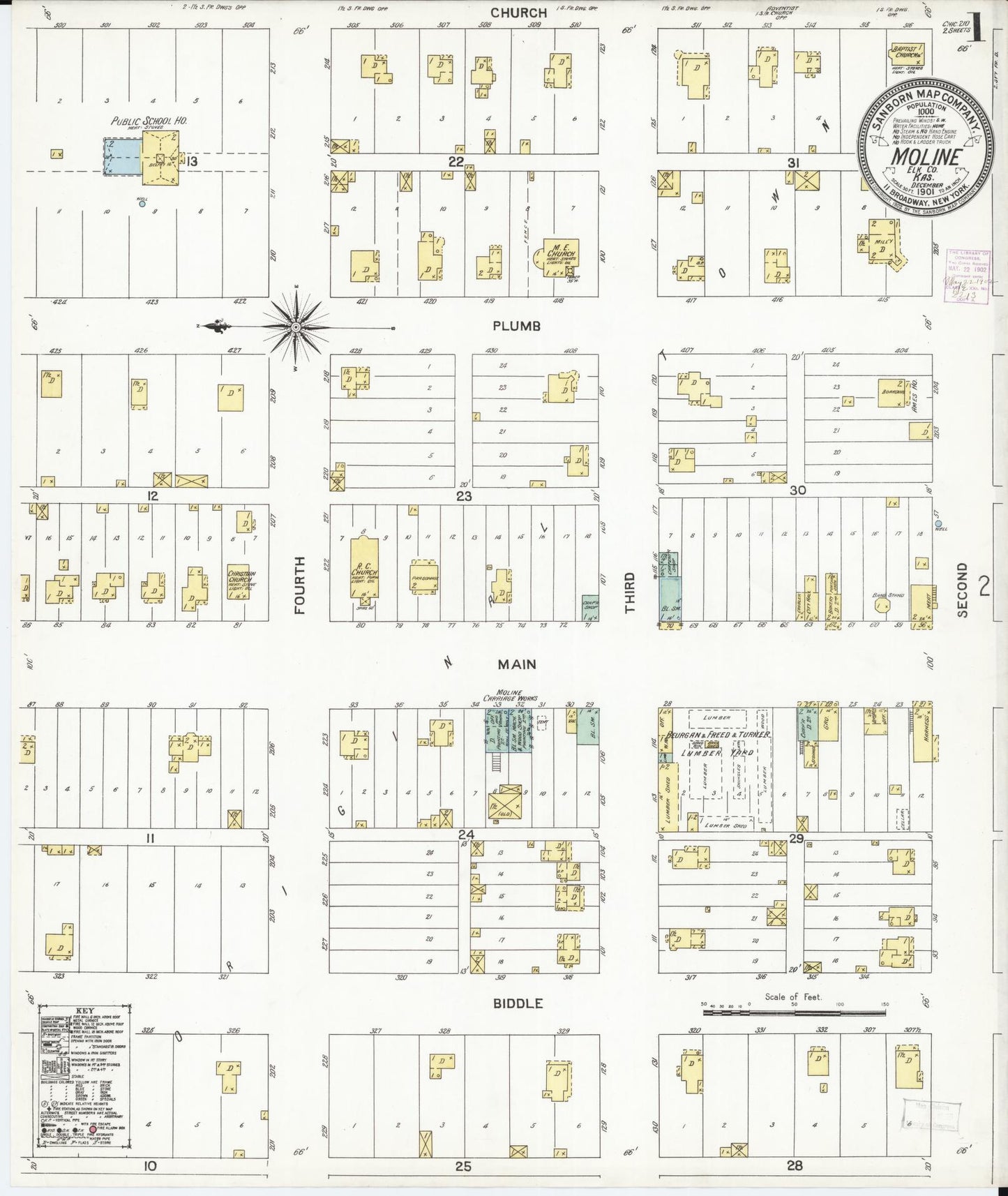 Sanborn Fire Insurance Map from Moline, Elk County, Kansas (1901), Sheet #0001 - Historic Sanborn Fire Insurance Map Print, vintage old map wall art, antique decor, genealogy gift, Kansas Kansas map