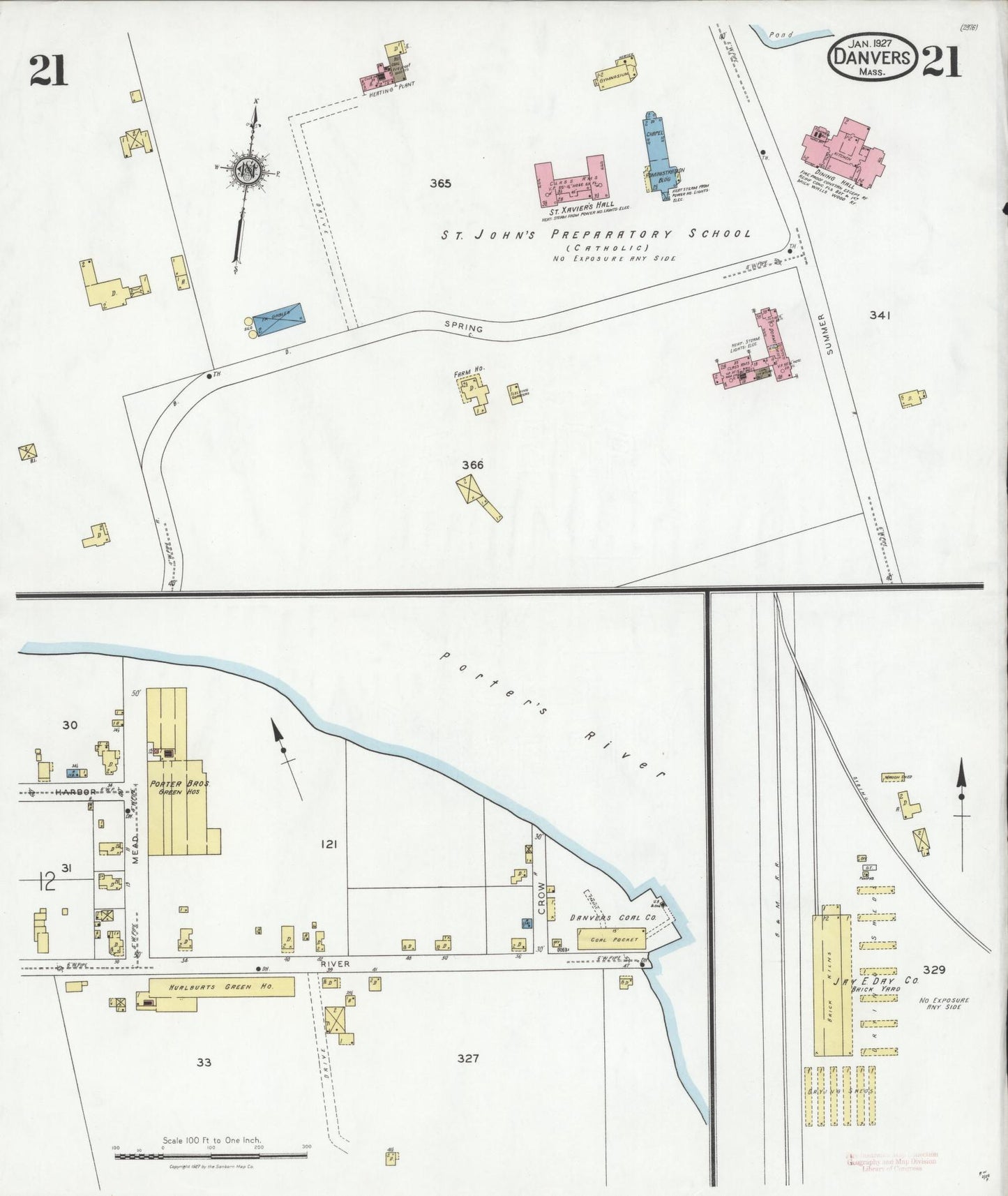 Sanborn Fire Insurance Map from Danvers, Essex County, Massachusetts (1927), Sheet #0021 - Historic Sanborn Fire Insurance Map Print, vintage old map wall art, antique decor, genealogy gift, Massachusetts Massachusetts map