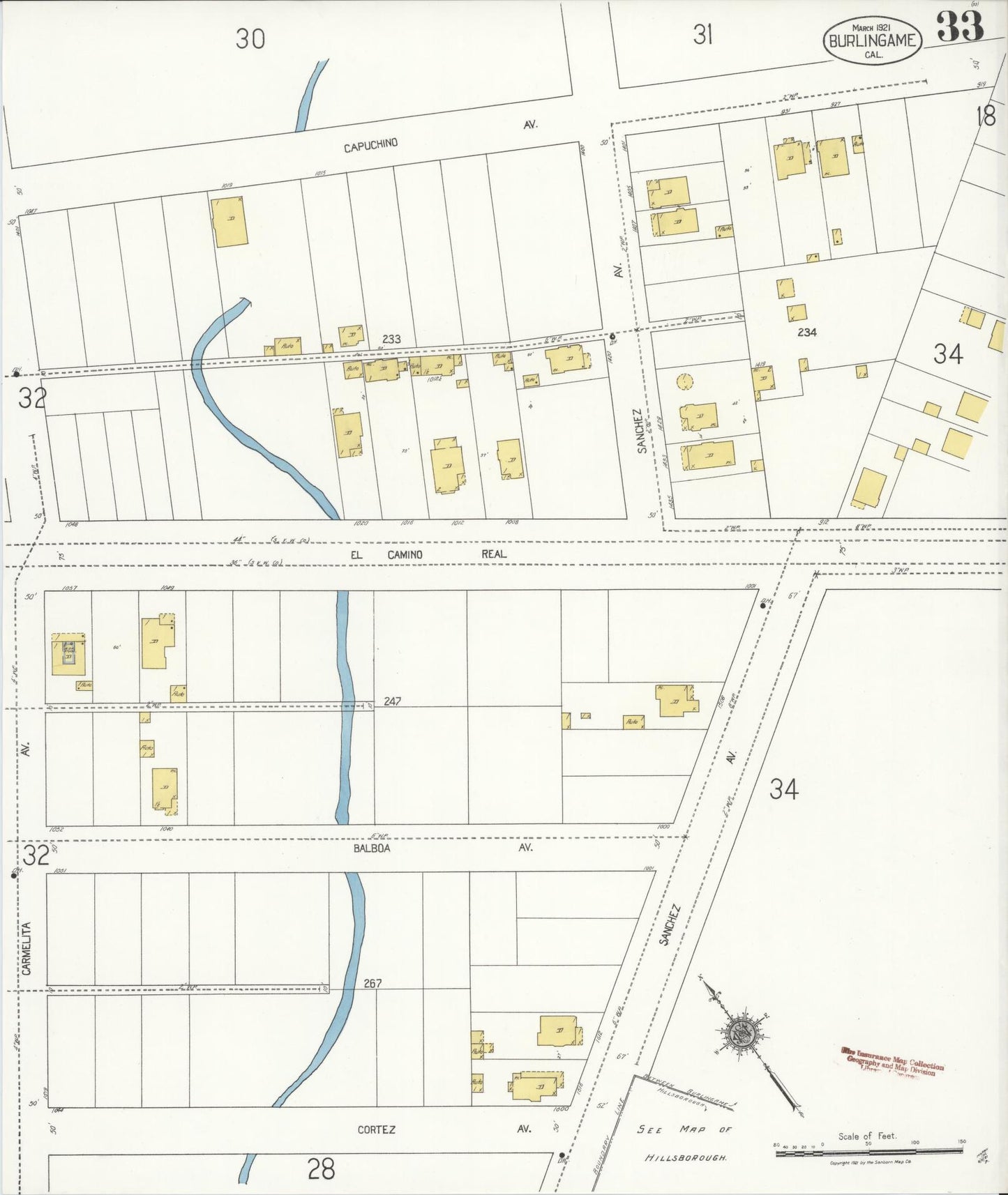 Sanborn Fire Insurance Map from Burlingame, San Mateo County, California (1921), Sheet #0033 - Historic Sanborn Fire Insurance Map Print, vintage old map wall art, antique decor, genealogy gift, California California map
