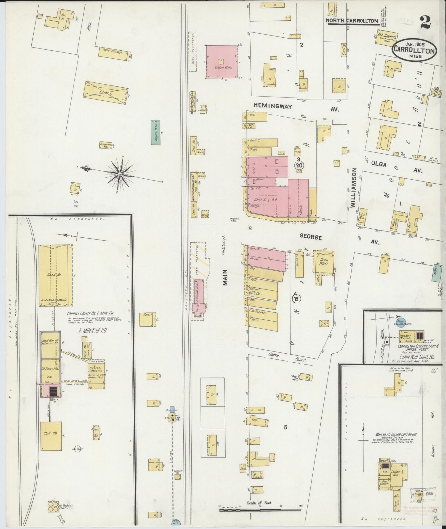 Sanborn Fire Insurance Map from Carrollton, Carroll County, Mississippi (1905), Sheet #0002 - Historic Sanborn Fire Insurance Map Print, vintage old map wall art, antique decor, genealogy gift, Mississippi Mississippi map