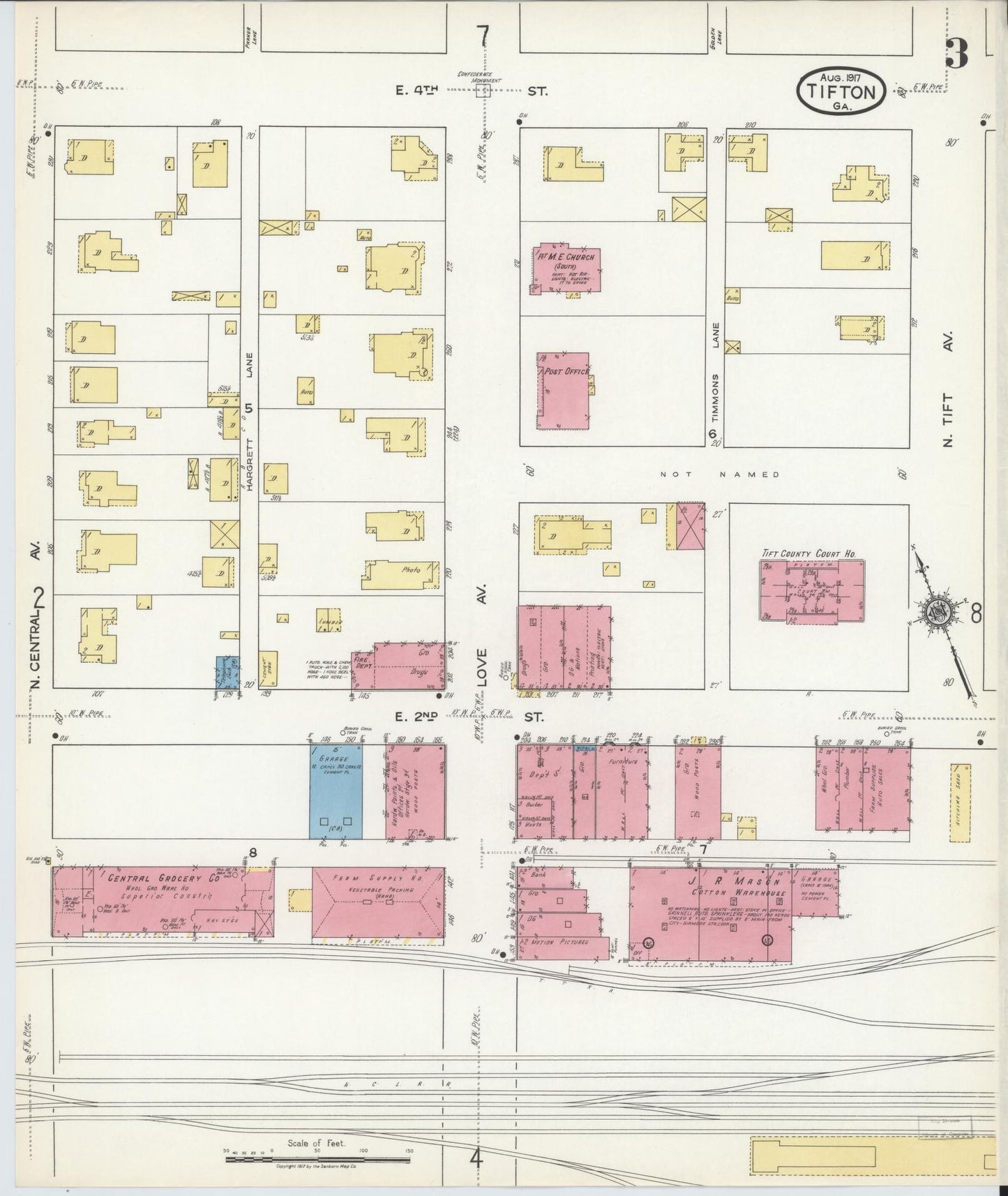 Sanborn Fire Insurance Map from Tifton, Tift County, Georgia (1917), Sheet #0003 - Historic Sanborn Fire Insurance Map Print, vintage old map wall art, antique decor, genealogy gift, Georgia Georgia map