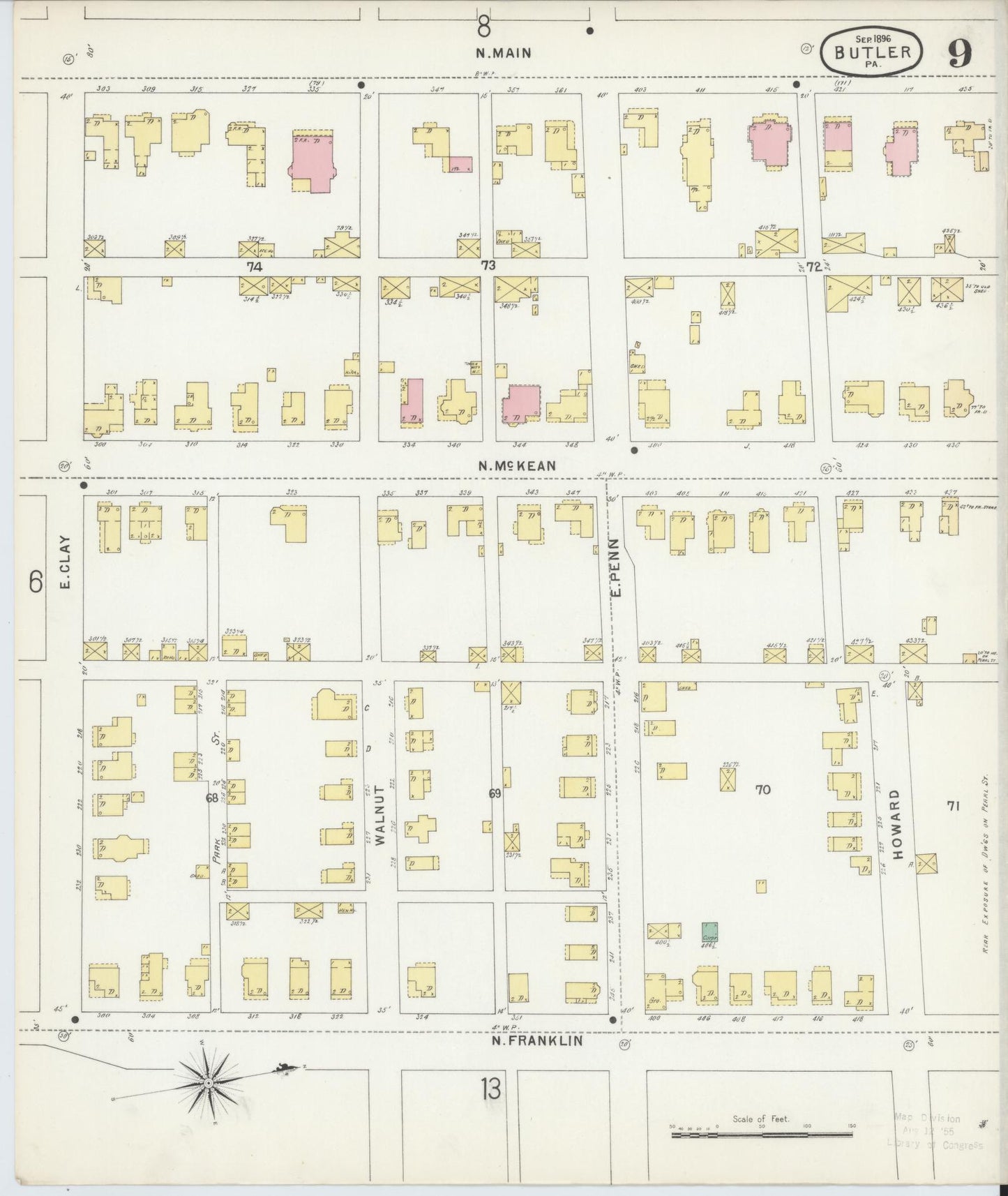 Sanborn Fire Insurance Map from Butler, Butler County, Pennsylvania (1896), Sheet #0009 - Historic Sanborn Fire Insurance Map Print, vintage old map wall art, antique decor, genealogy gift, Pennsylvania Pennsylvania map