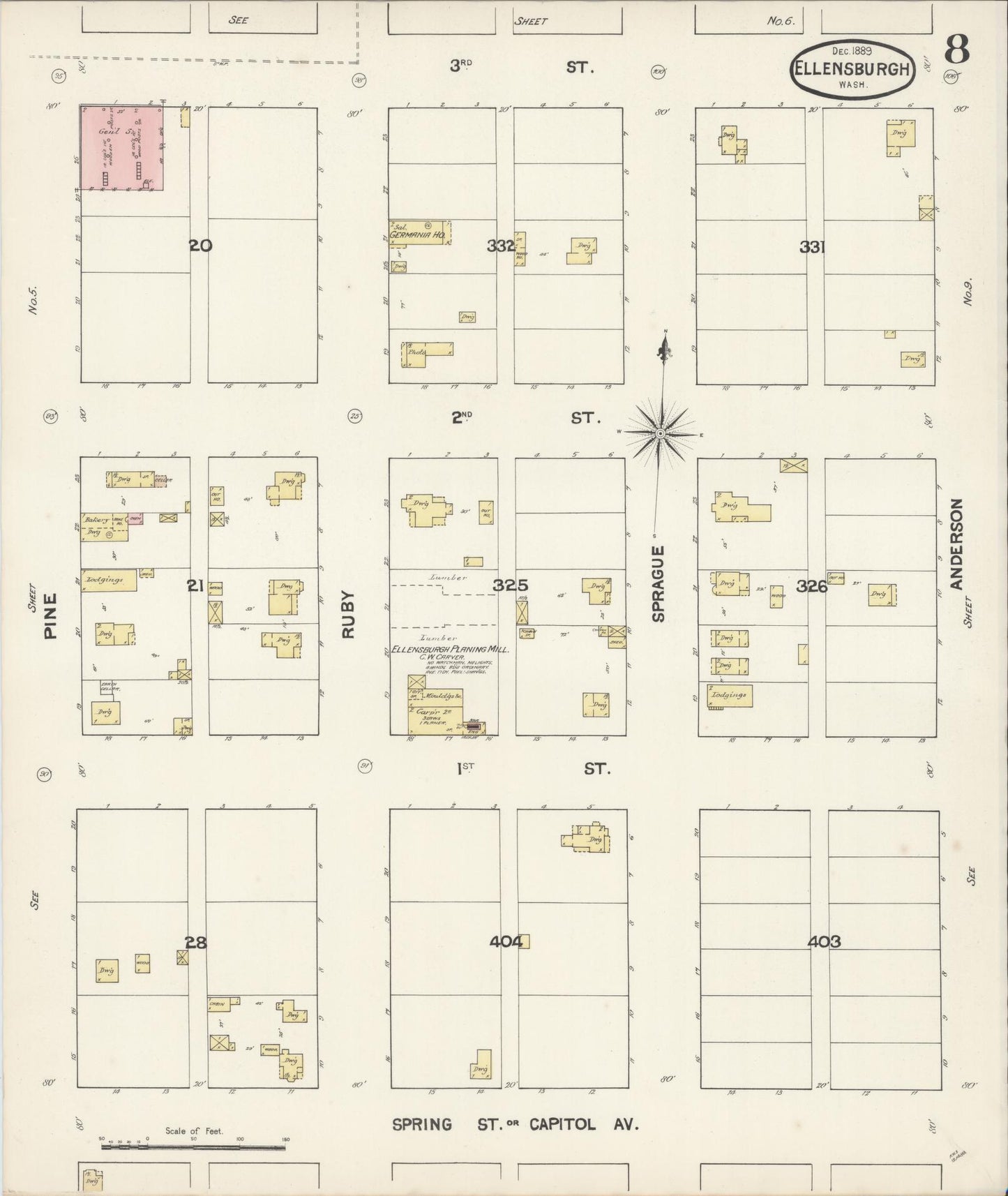 Sanborn Fire Insurance Map from Ellensburg, Kittitas County, Washington (1889), Sheet #0008 - Historic Sanborn Fire Insurance Map Print, vintage old map wall art, antique decor, genealogy gift, Washington Washington map