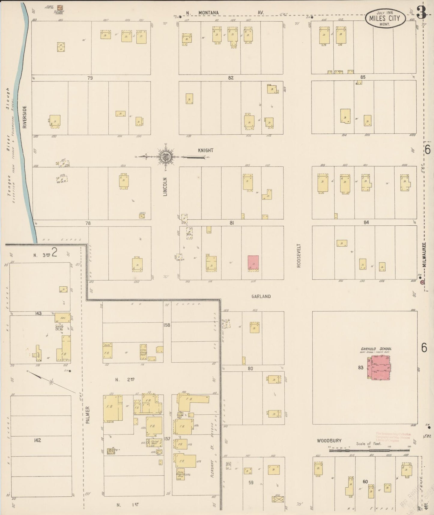 Sanborn Fire Insurance Map from Miles City, Custer County, Montana (1916), Sheet #0003 - Historic Sanborn Fire Insurance Map Print, vintage old map wall art, antique decor, genealogy gift, Montana Montana map