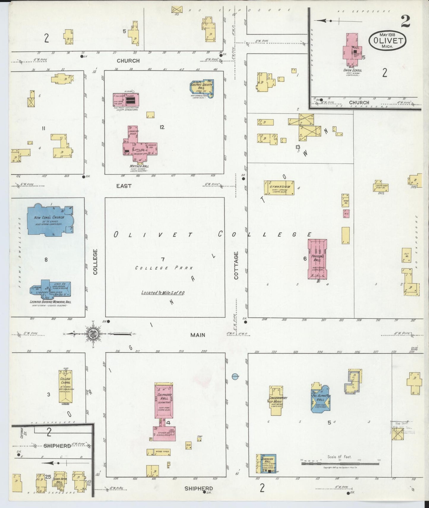 Sanborn Fire Insurance Map from Olivet, Eaton County, Michigan (1918), Sheet #0002 - Complete Map Set gallery image, historic Sanborn map, vintage wall art, Michigan Michigan