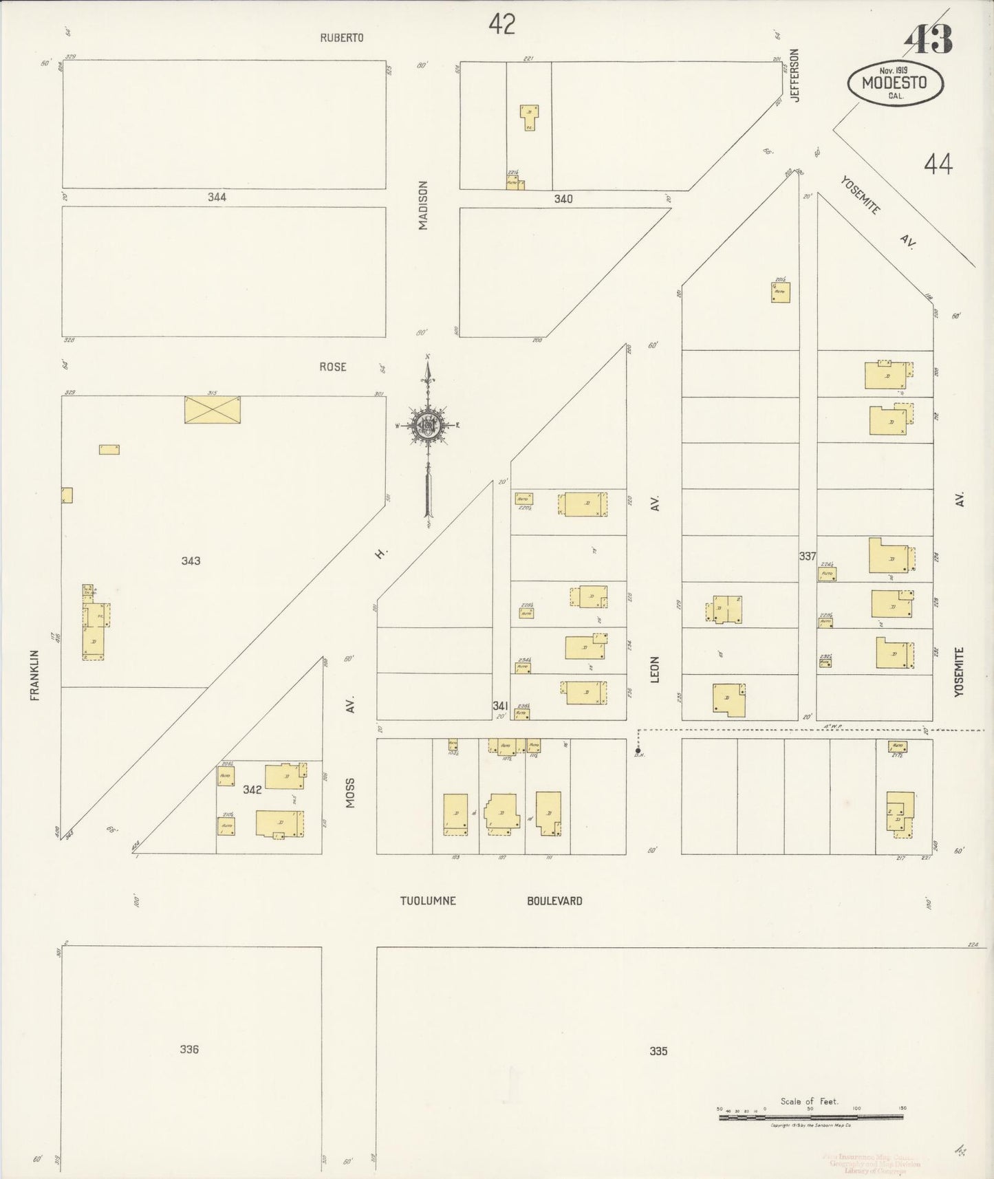 Sanborn Fire Insurance Map from Modesto, Stanislaus County, California (1919), Sheet #0043 - Historic Sanborn Fire Insurance Map Print, vintage old map wall art, antique decor, genealogy gift, California California map