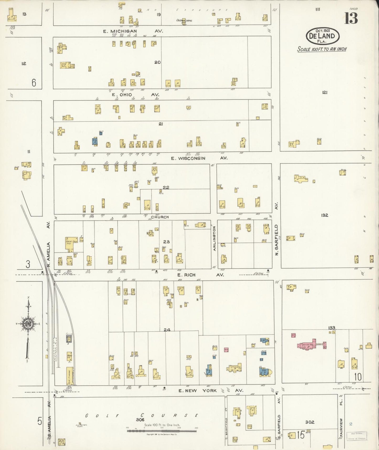 Sanborn Fire Insurance Map from De Land, Volusia County, Florida (1921), Sheet #0013 - Historic Sanborn Fire Insurance Map Print, vintage old map wall art, antique decor, genealogy gift, Florida Florida map