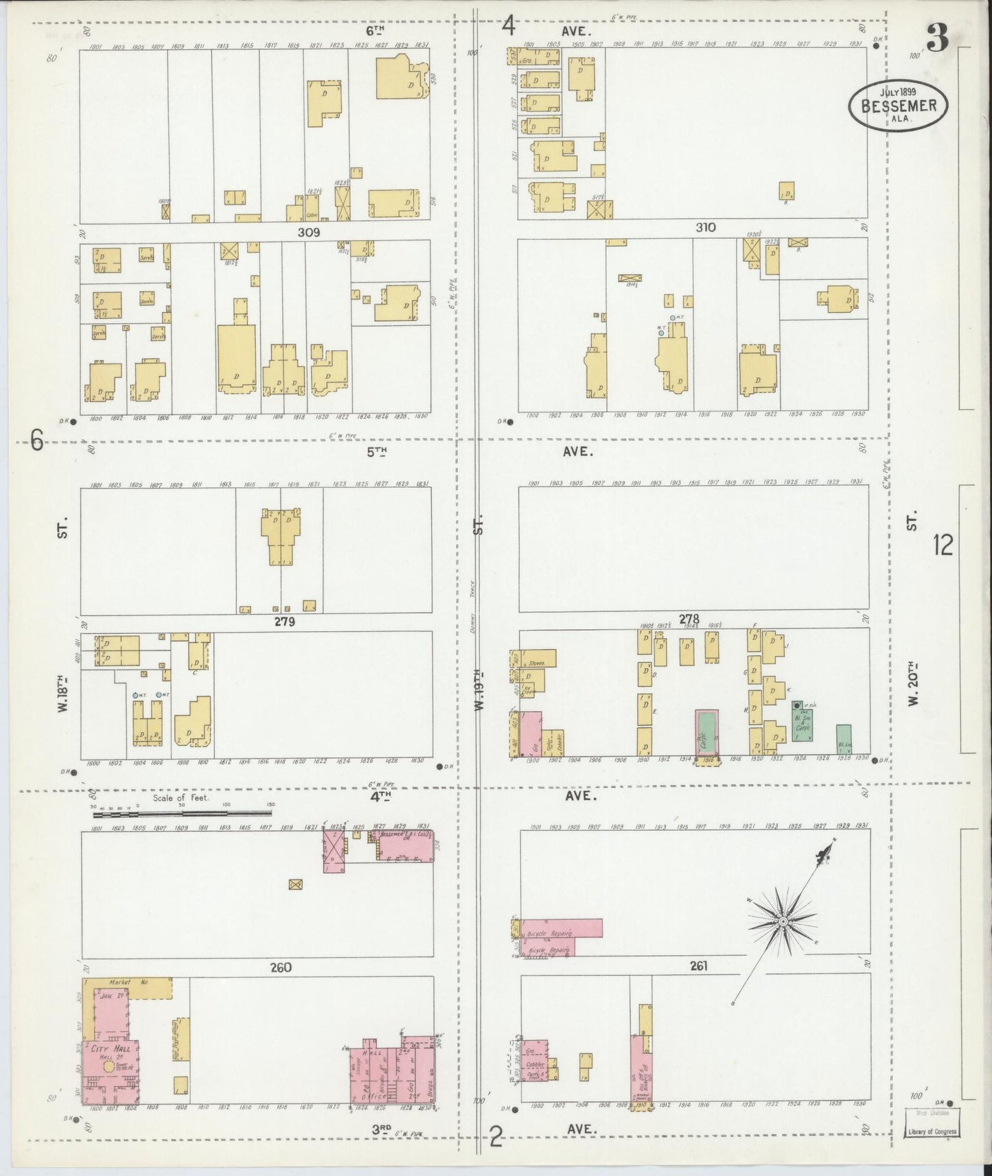 Sanborn Fire Insurance Map from Bessemer, Jefferson County, Alabama (1899), Sheet #0003 - Historic Sanborn Fire Insurance Map Print, vintage old map wall art, antique decor, genealogy gift, Alabama Alabama map
