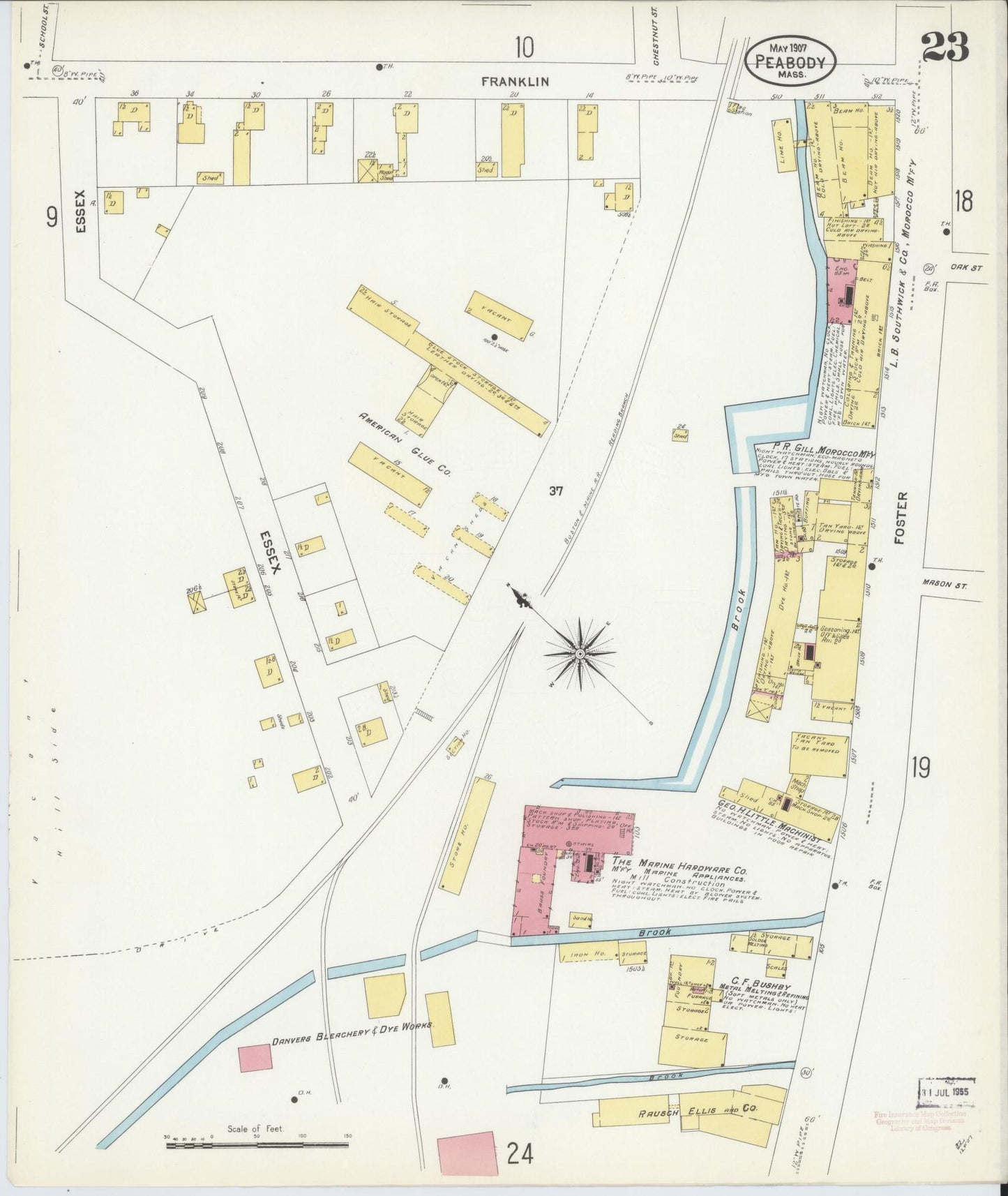 Sanborn Fire Insurance Map from Peabody, Essex County, Massachusetts (1907), Sheet #0023 - Historic Sanborn Fire Insurance Map Print, vintage old map wall art, antique decor, genealogy gift, Massachusetts Massachusetts map
