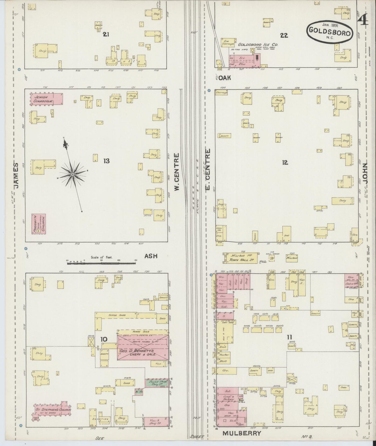 Sanborn Fire Insurance Map from Goldsboro, Wayne County, North Carolina (1891), Sheet #0004 - Historic Sanborn Fire Insurance Map Print, vintage old map wall art, antique decor, genealogy gift, North Carolina North Carolina map