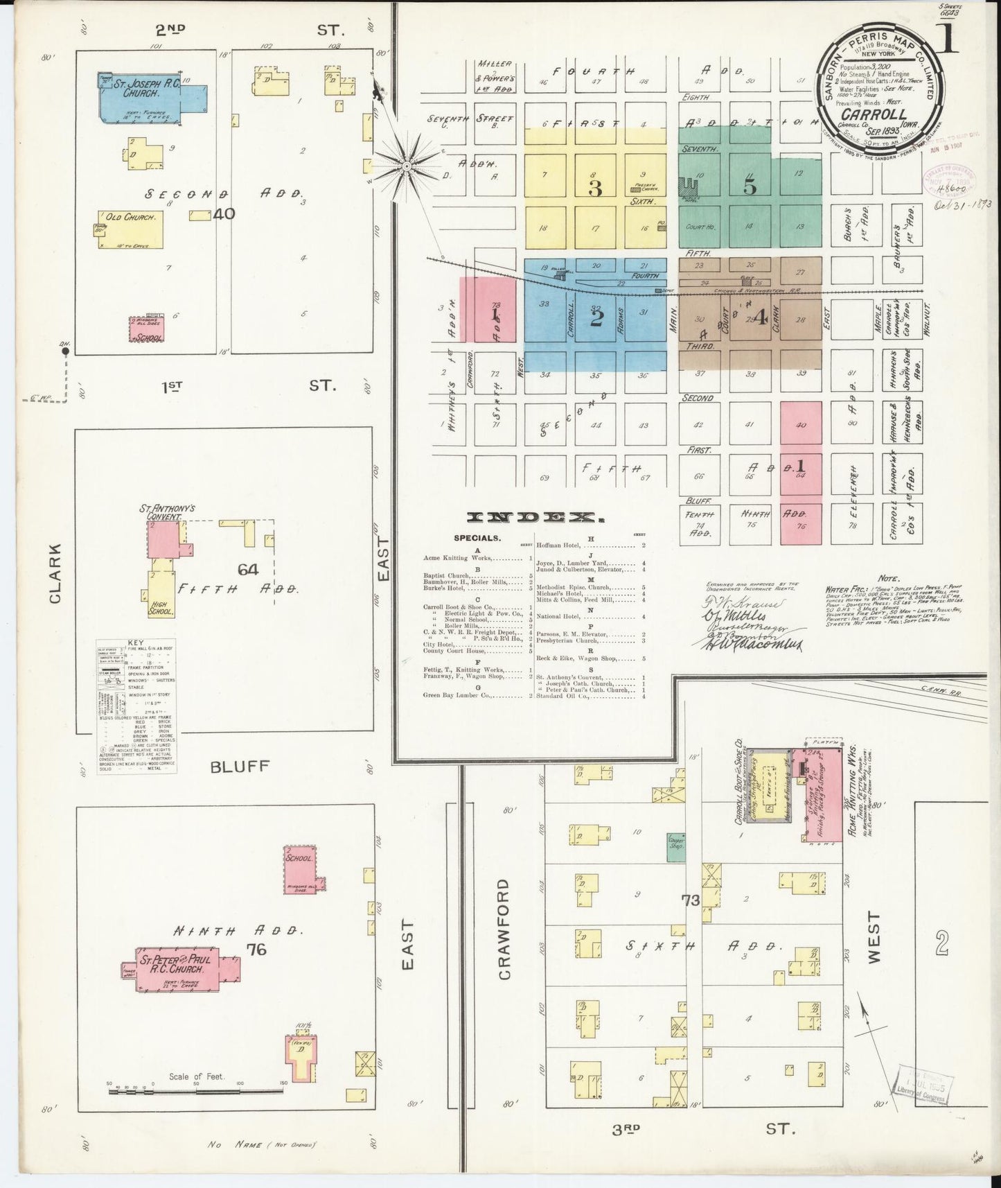 Sanborn Fire Insurance Map from Carroll, Carroll County, Iowa (1893), Sheet #0001 - Historic Sanborn Fire Insurance Map Print, vintage old map wall art