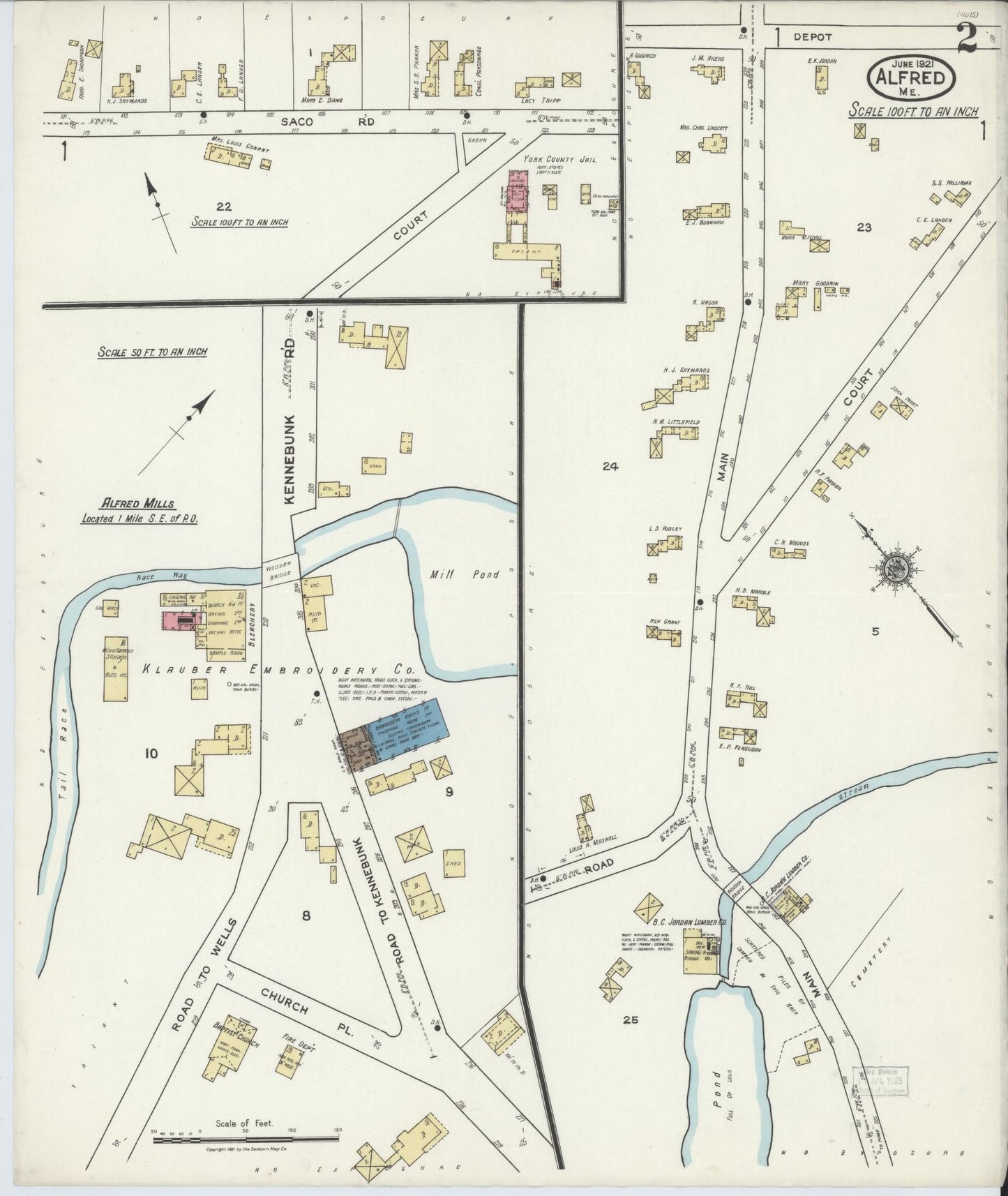 Sanborn Fire Insurance Map from Alfred, York County, Maine (1921), Sheet #0002 - Complete Map Set gallery image, historic Sanborn map, vintage wall art, Maine Maine
